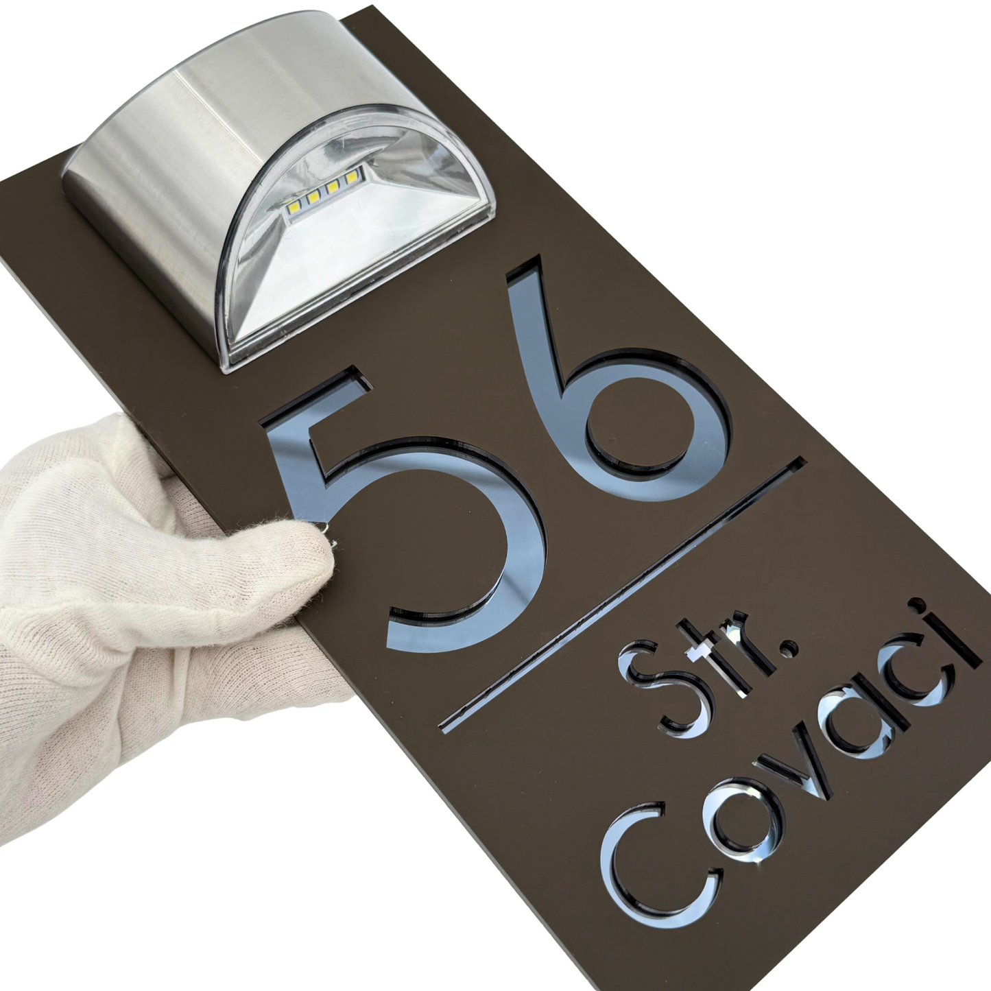 PREMIUM HOUSE NUMBER – Satin Brown Anthracite Grey Mirror Solar Lamp – 30 x15 cm