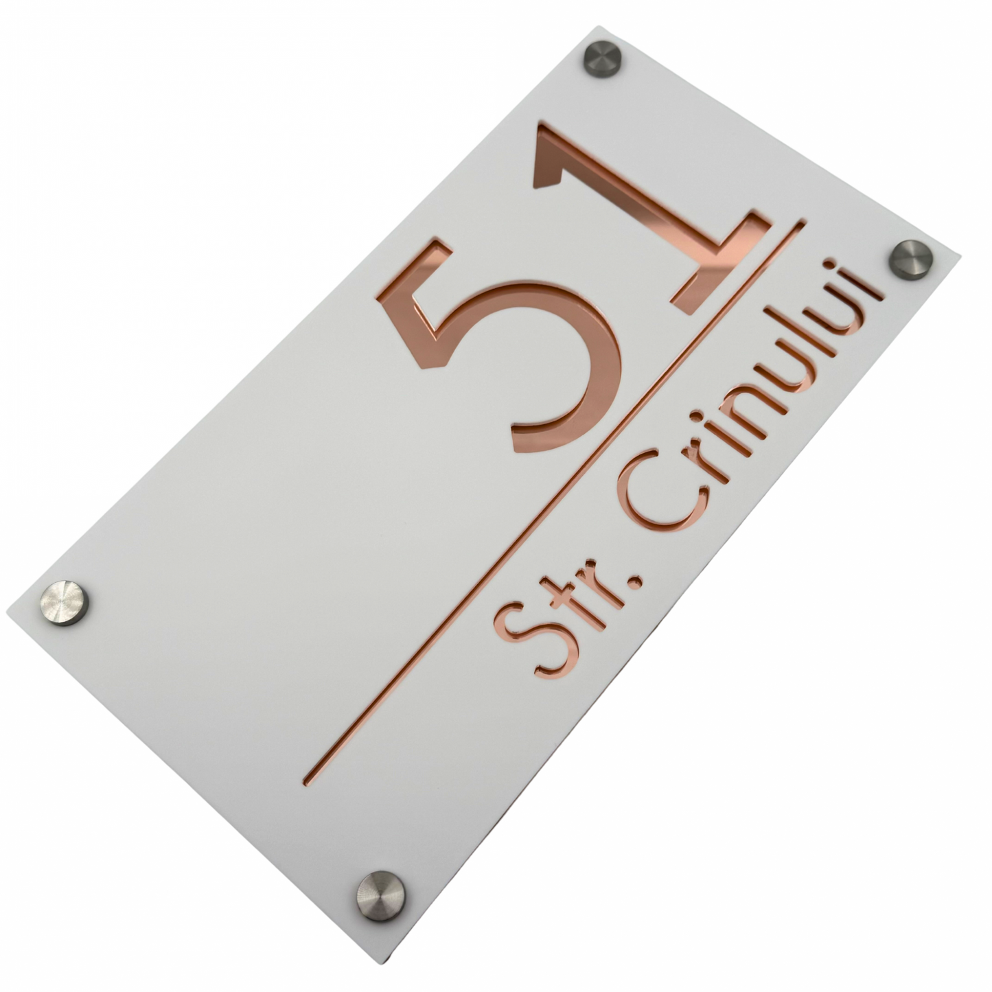 PREMIUM HOUSE NUMBER - White Satin Rose Gold Mirror 4 Spacers Silver - 28×15 cm