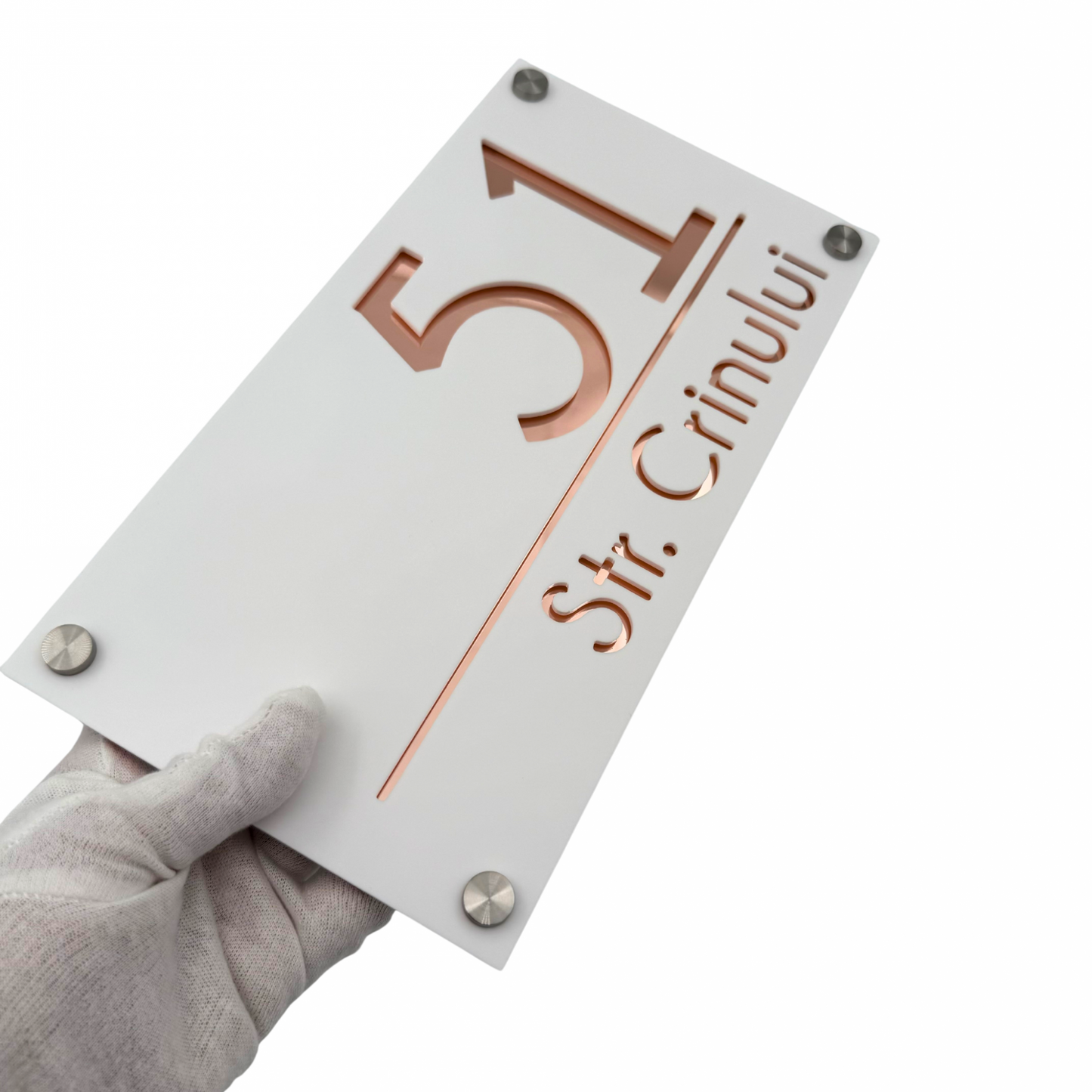 PREMIUM HOUSE NUMBER - White Satin Rose Gold Mirror 4 Spacers Silver - 28×15 cm