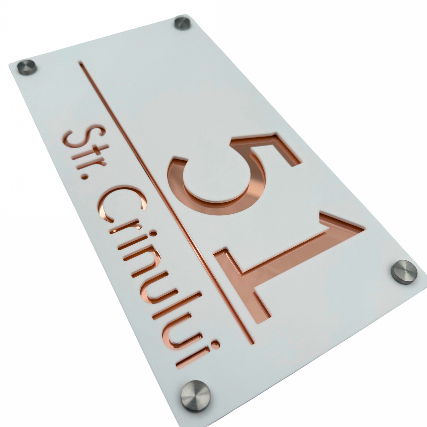 PREMIUM HOUSE NUMBER - White Satin Rose Gold Mirror 4 Spacers Silver - 28×15 cm