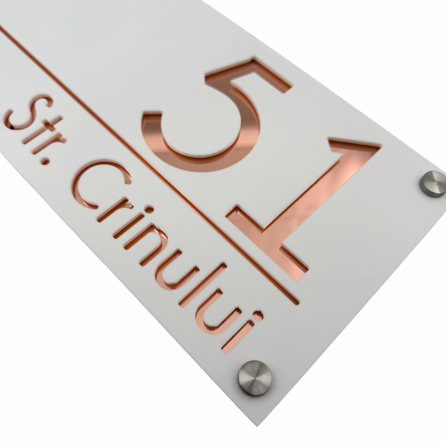 PREMIUM HOUSE NUMBER - White Satin Rose Gold Mirror 4 Spacers Silver - 28×15 cm