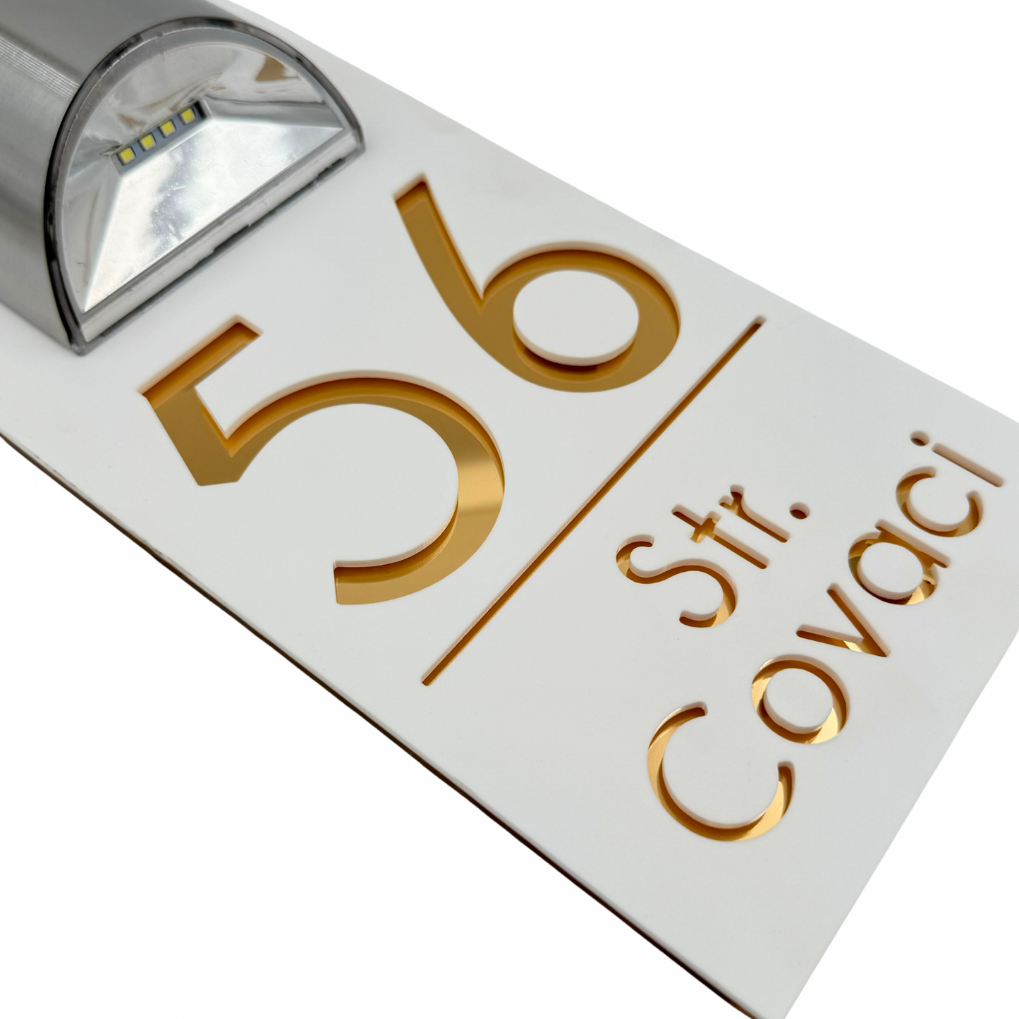 PREMIUM HOUSE NUMBER - White Satin Gold Mirror Lampa Solara - 30×15 cm