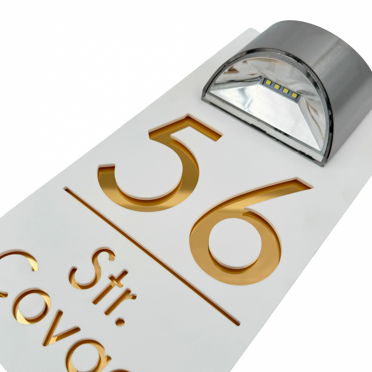 PREMIUM HOUSE NUMBER - White Satin Gold Mirror Lampa Solara - 30×15 cm