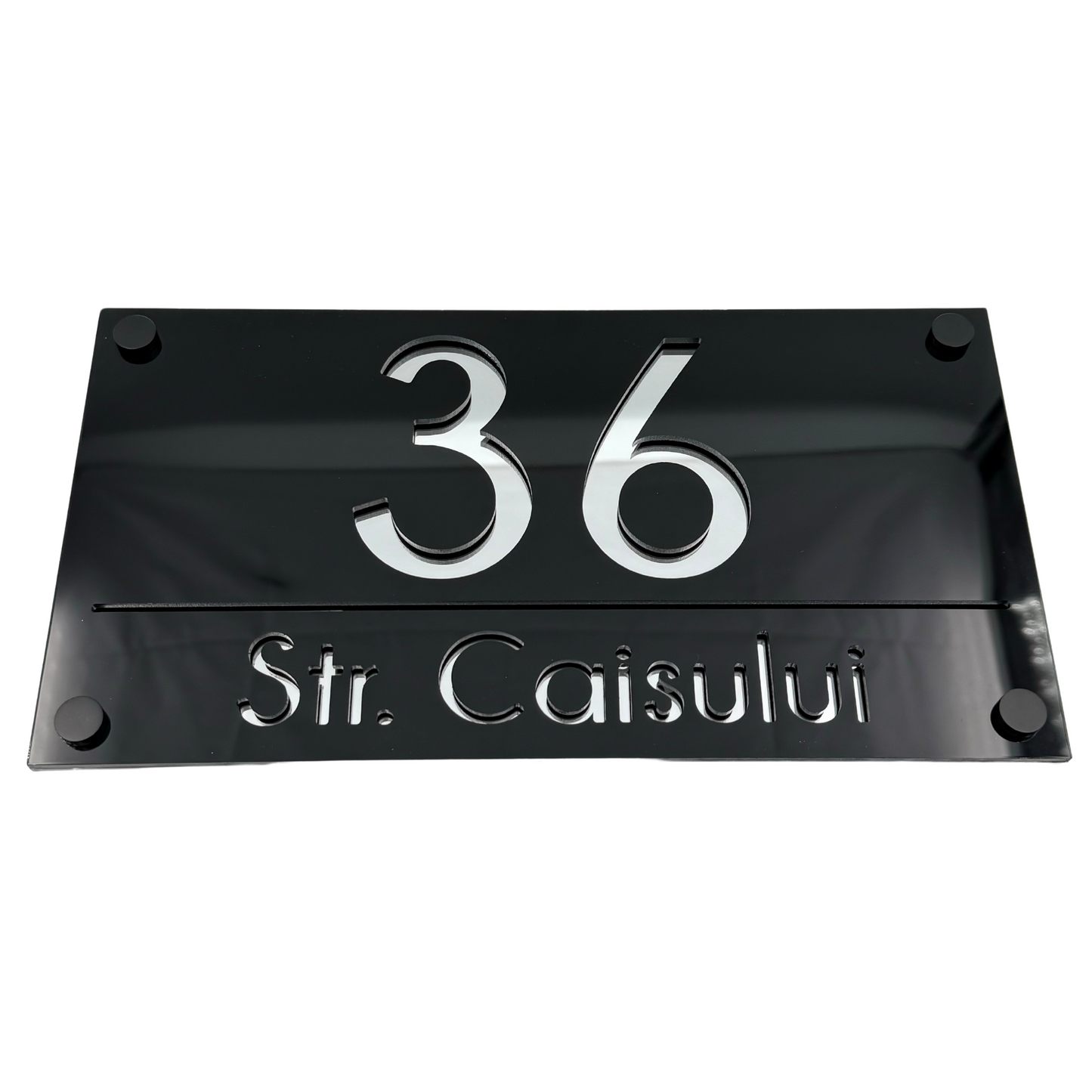 PREMIUM HOUSE NUMBER - Glossy Black Silver Mirror 4 Spacers NeGreyi - 28×15 cm