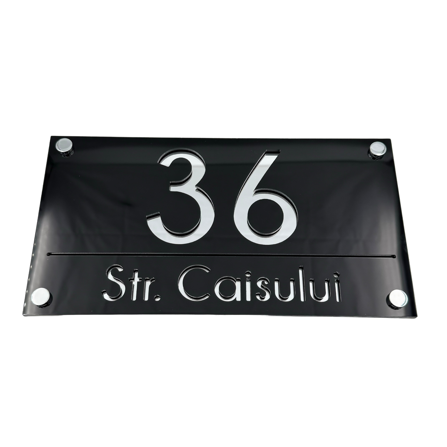 PREMIUM HOUSE NUMBER - Glossy Black Silver Mirror 4 Spacers Silver - 28×15 cm