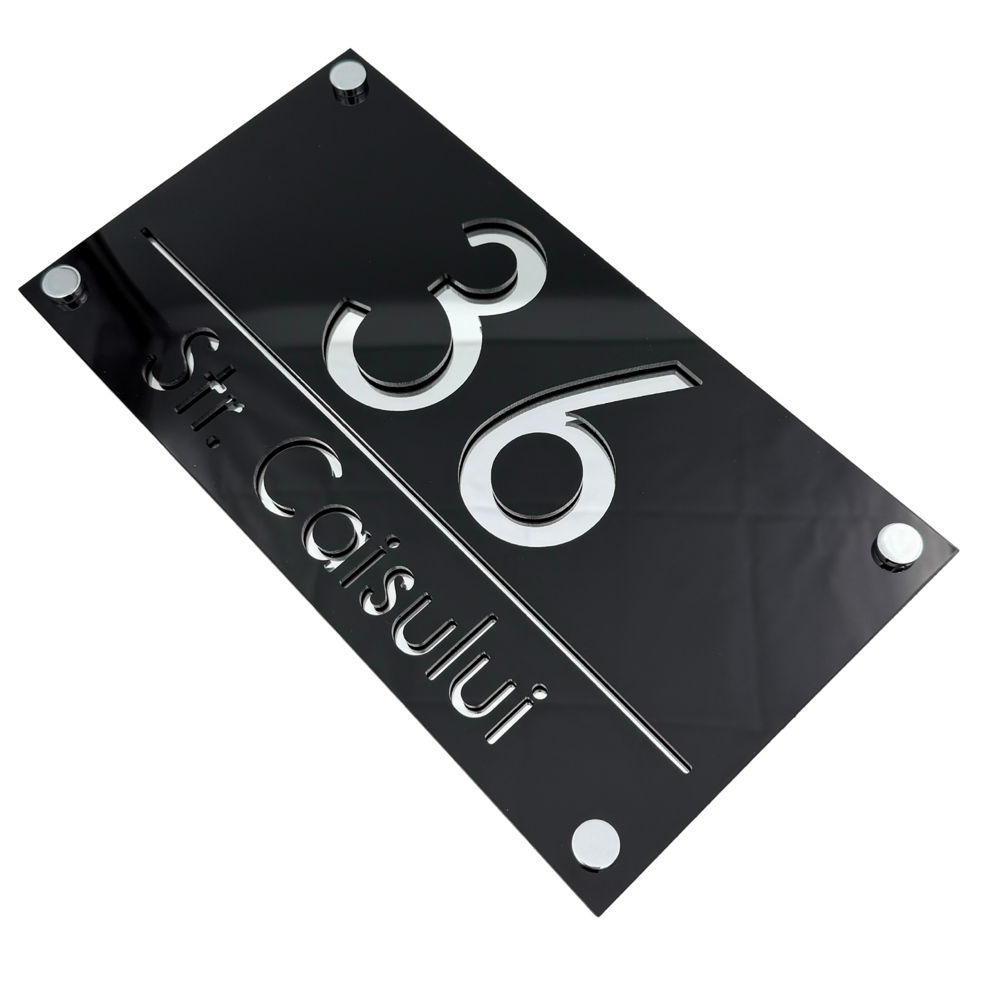 PREMIUM HOUSE NUMBER - Glossy Black Silver Mirror 4 Spacers Silver - 28×15 cm