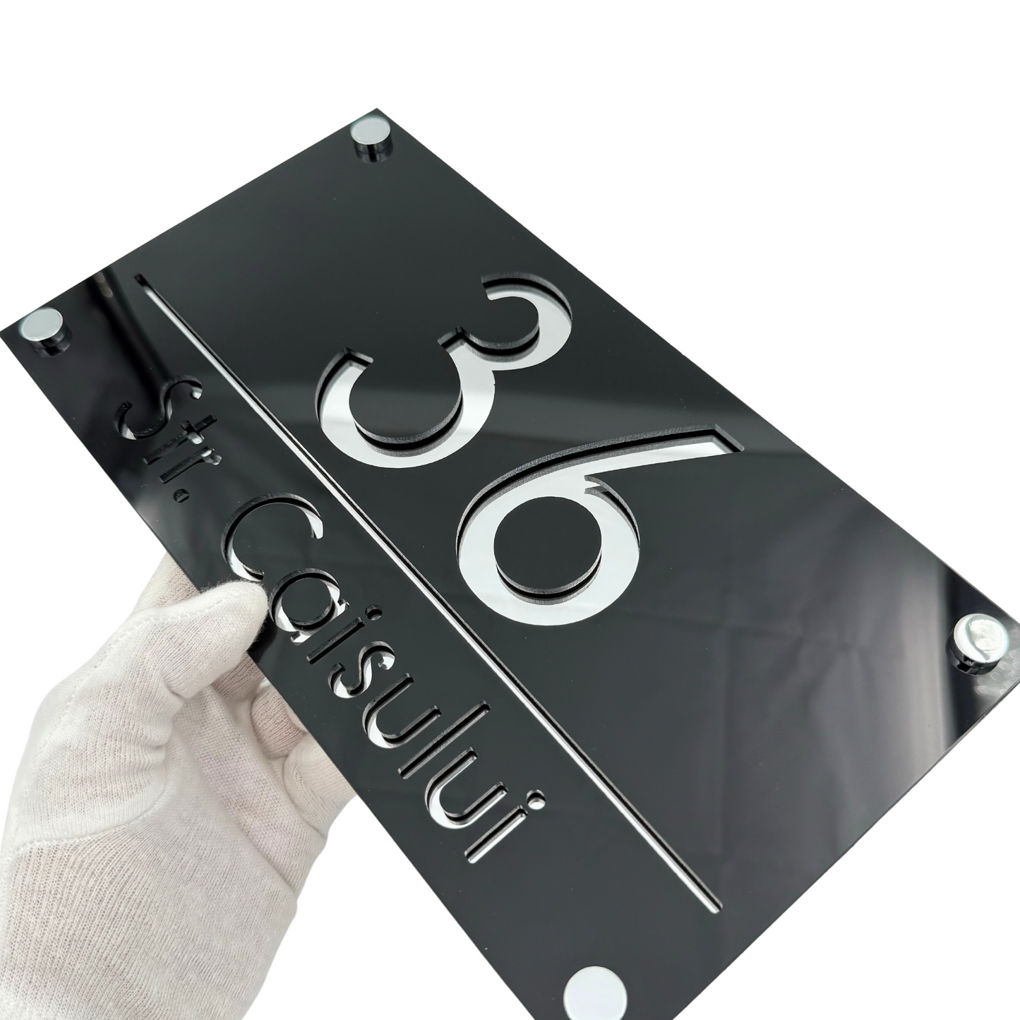 PREMIUM HOUSE NUMBER - Glossy Black Silver Mirror 4 Spacers Silver - 28×15 cm