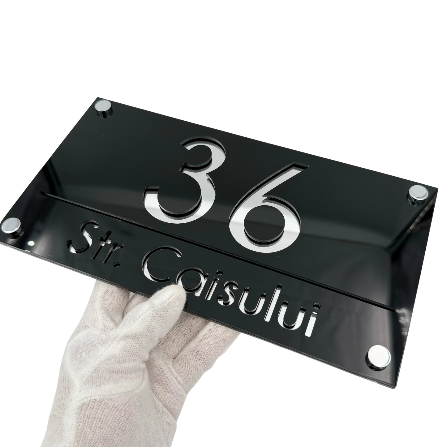 PREMIUM HOUSE NUMBER - Glossy Black Silver Mirror 4 Spacers Silver - 28×15 cm