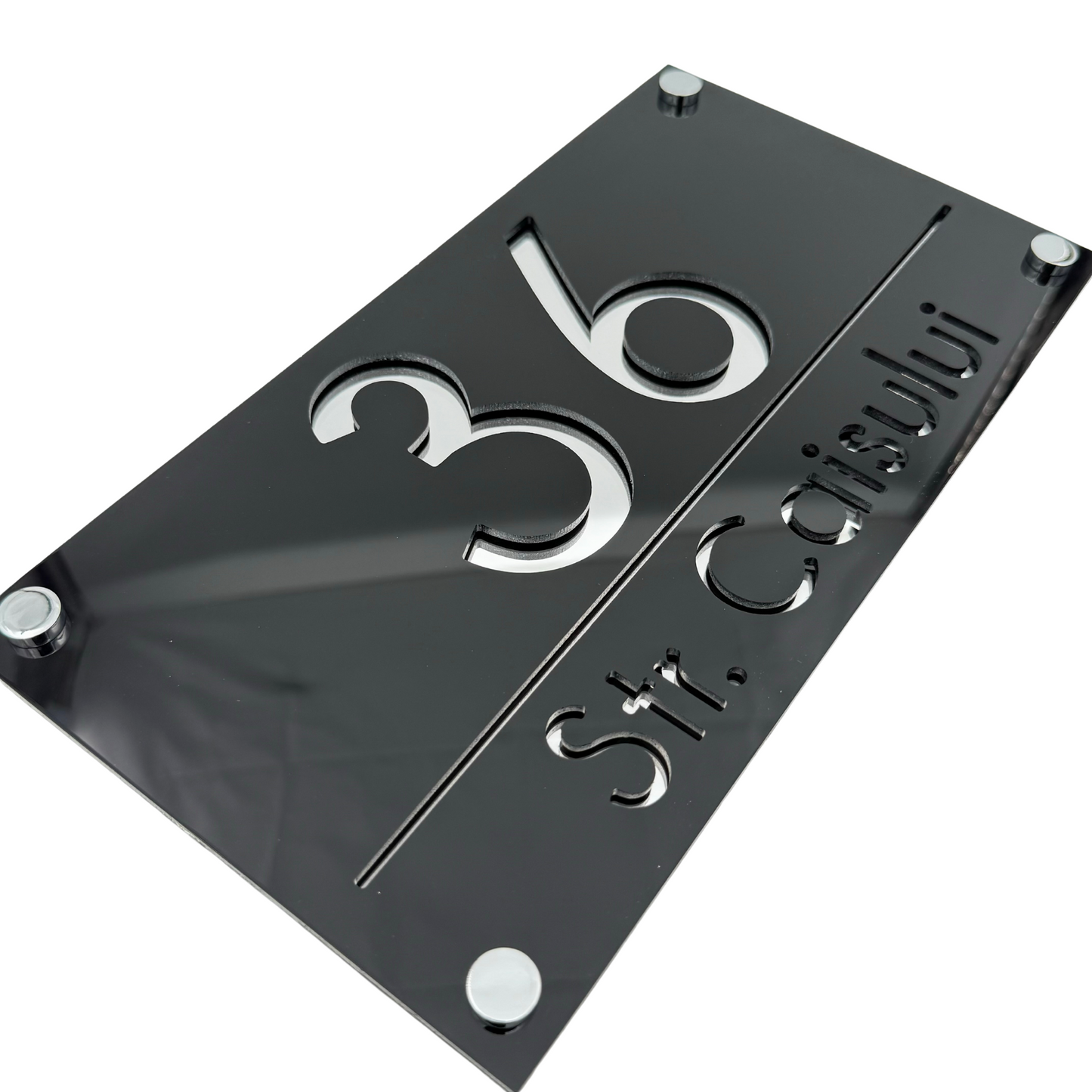 PREMIUM HOUSE NUMBER - Glossy Black Silver Mirror 4 Spacers Silver - 28×15 cm