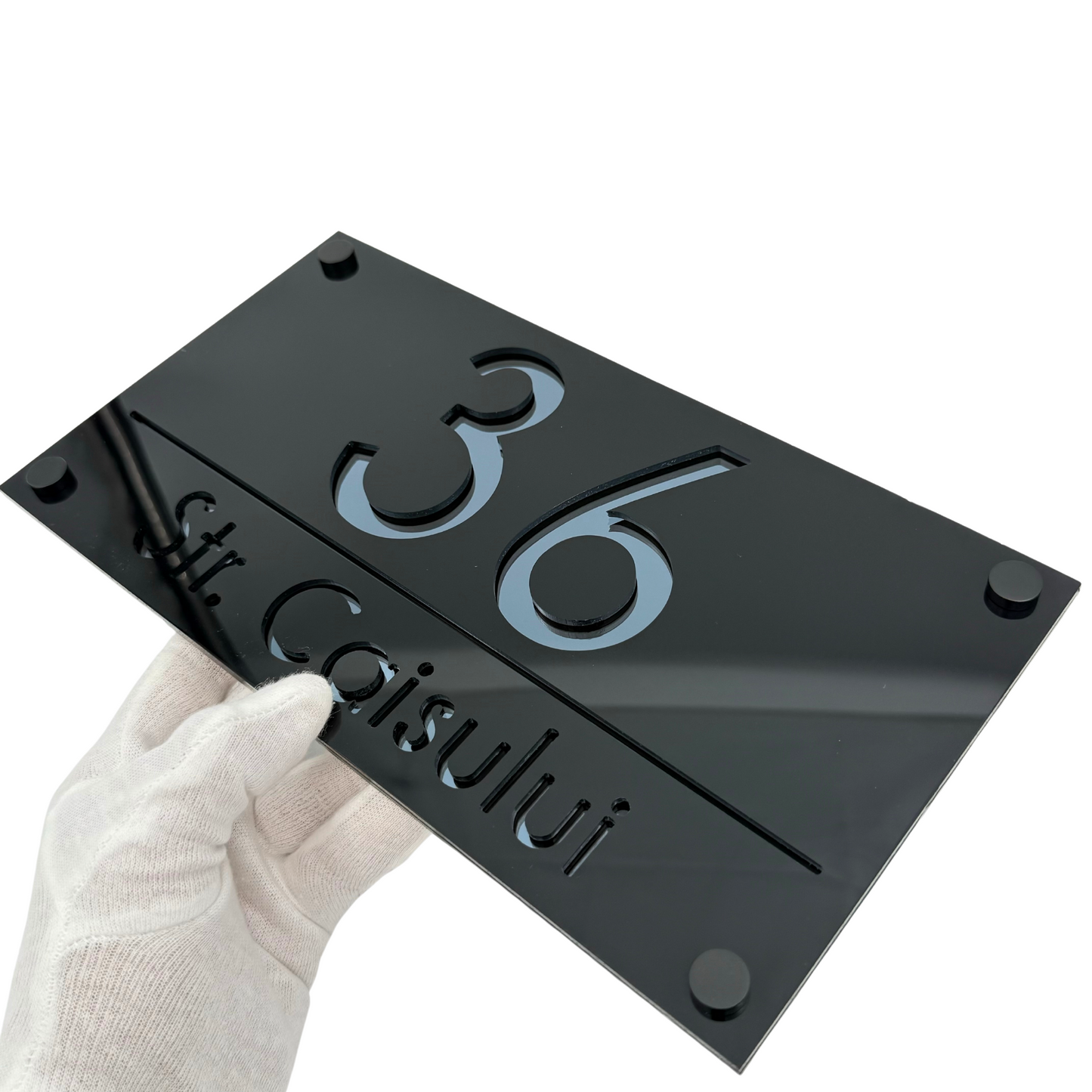 PREMIUM HOUSE NUMBER - Glossy Black Anthracite Grey Mirror 4 Spacers NeGreyi - 28×15 cm