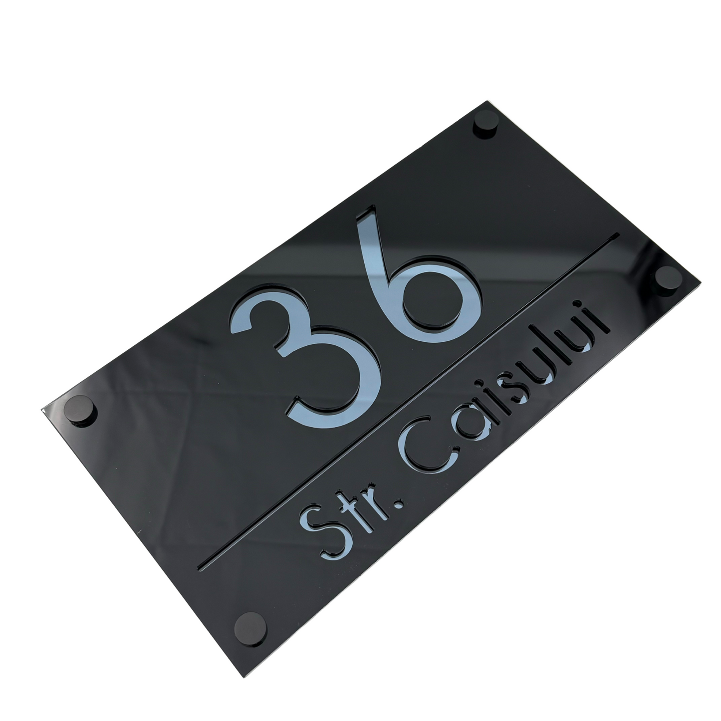 PREMIUM HOUSE NUMBER - Glossy Black Anthracite Grey Mirror 4 Spacers NeGreyi - 28×15 cm