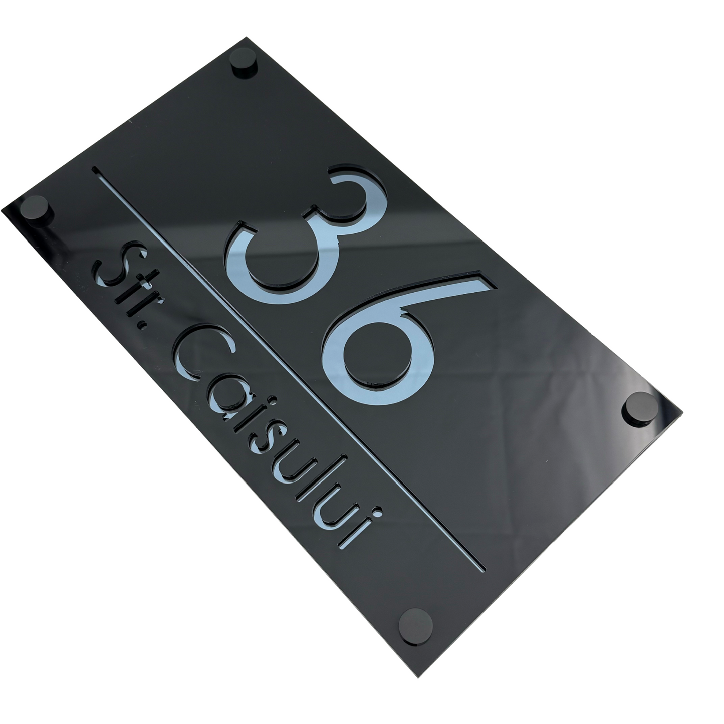 PREMIUM HOUSE NUMBER - Glossy Black Anthracite Grey Mirror 4 Spacers NeGreyi - 28×15 cm