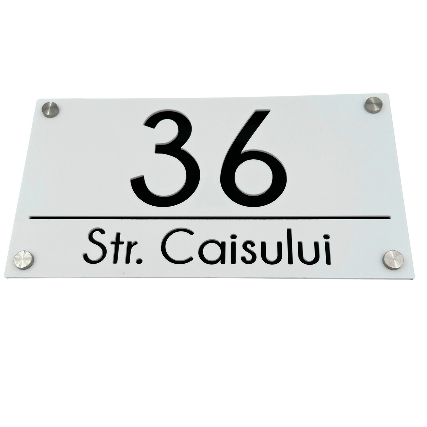 PREMIUM HOUSE NUMBER - White Satin Glossy Black 4 Spacers Silver - 28×15 cm