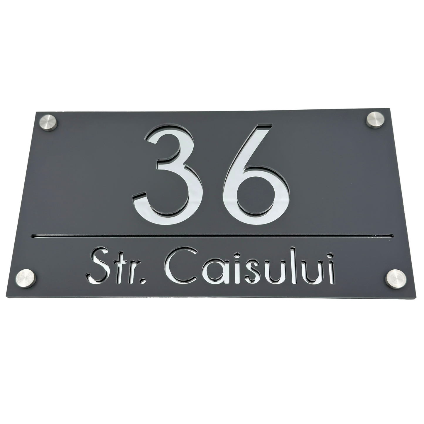 PREMIUM HOUSE NUMBER - Satin Grey Silver Mirror 4 Spacers Silver - 28×15 cm