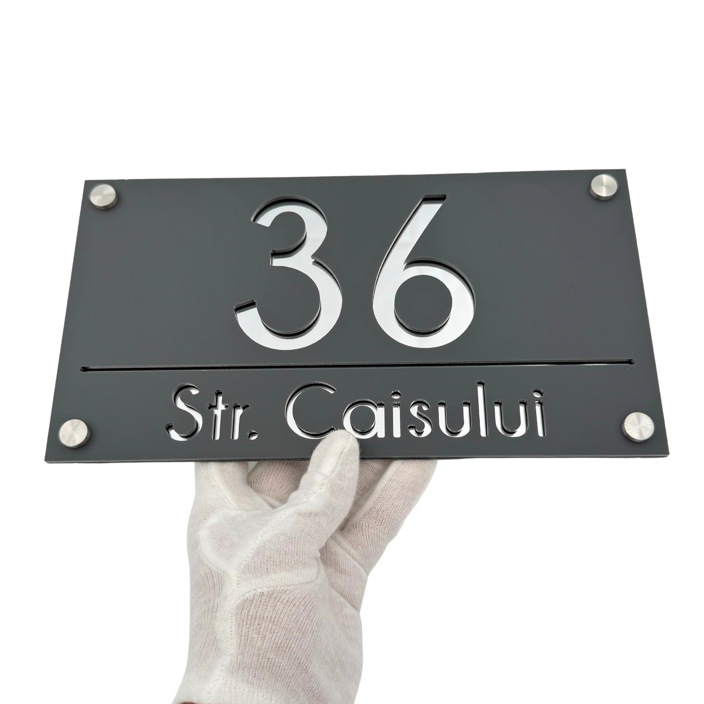 PREMIUM HOUSE NUMBER - Satin Grey Silver Mirror 4 Spacers Silver - 28×15 cm