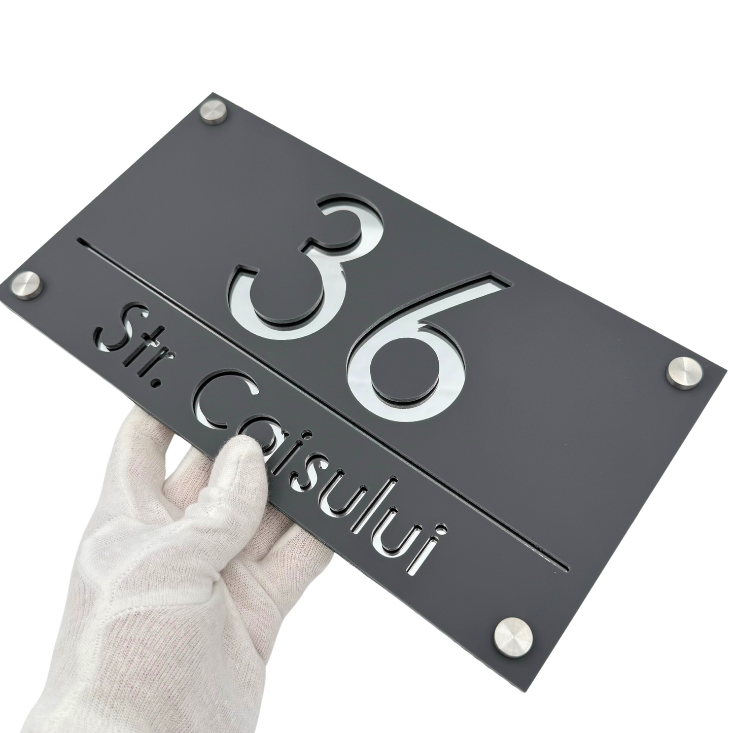 PREMIUM HOUSE NUMBER - Satin Grey Silver Mirror 4 Spacers Silver - 28×15 cm