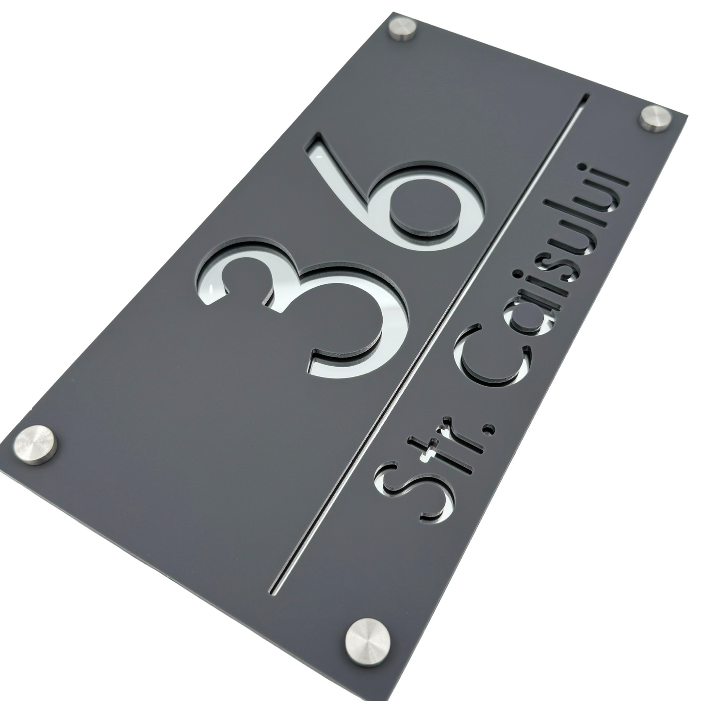 PREMIUM HOUSE NUMBER - Satin Grey Silver Mirror 4 Spacers Silver - 28×15 cm