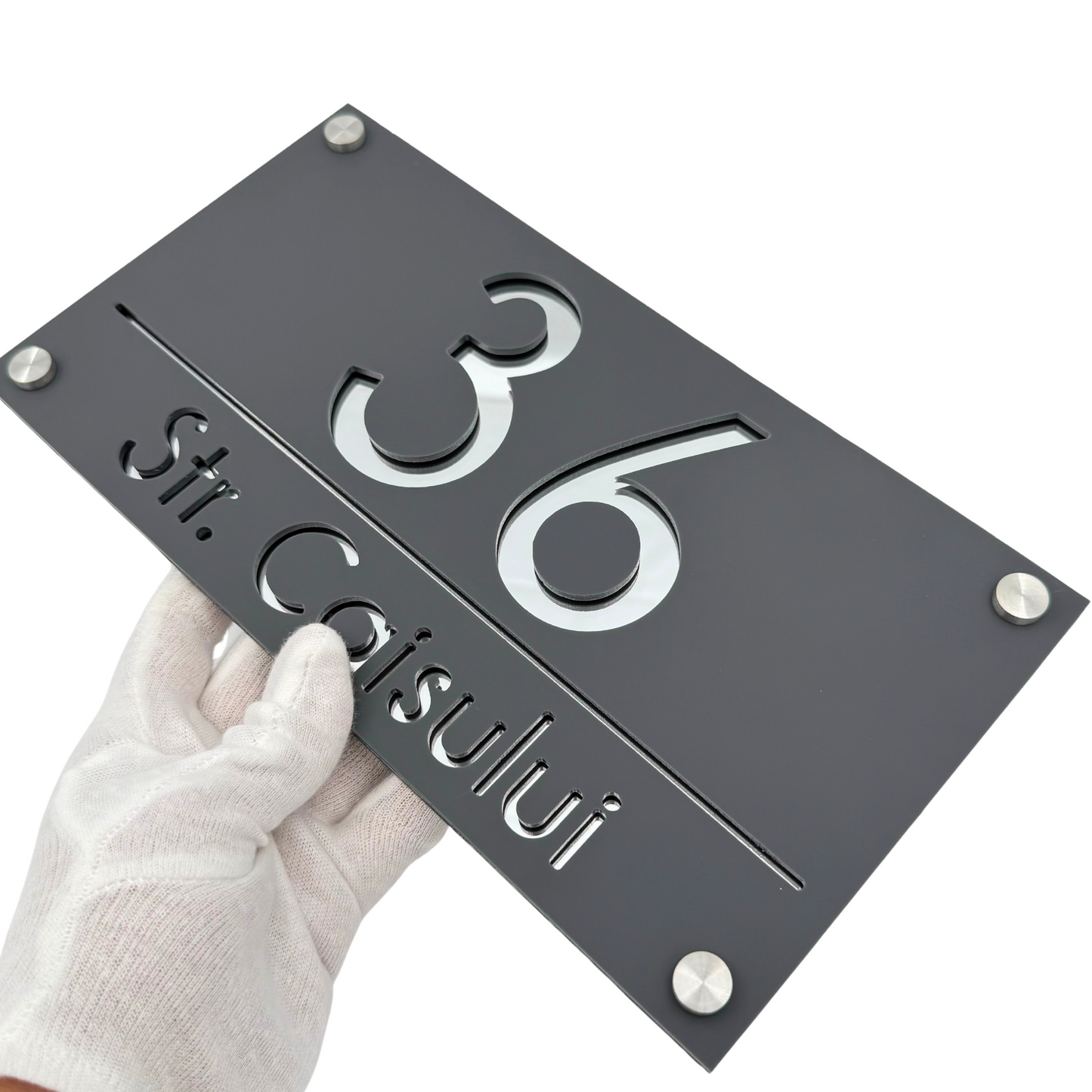 PREMIUM HOUSE NUMBER - Satin Grey Silver Mirror 4 Spacers Silver - 28×15 cm