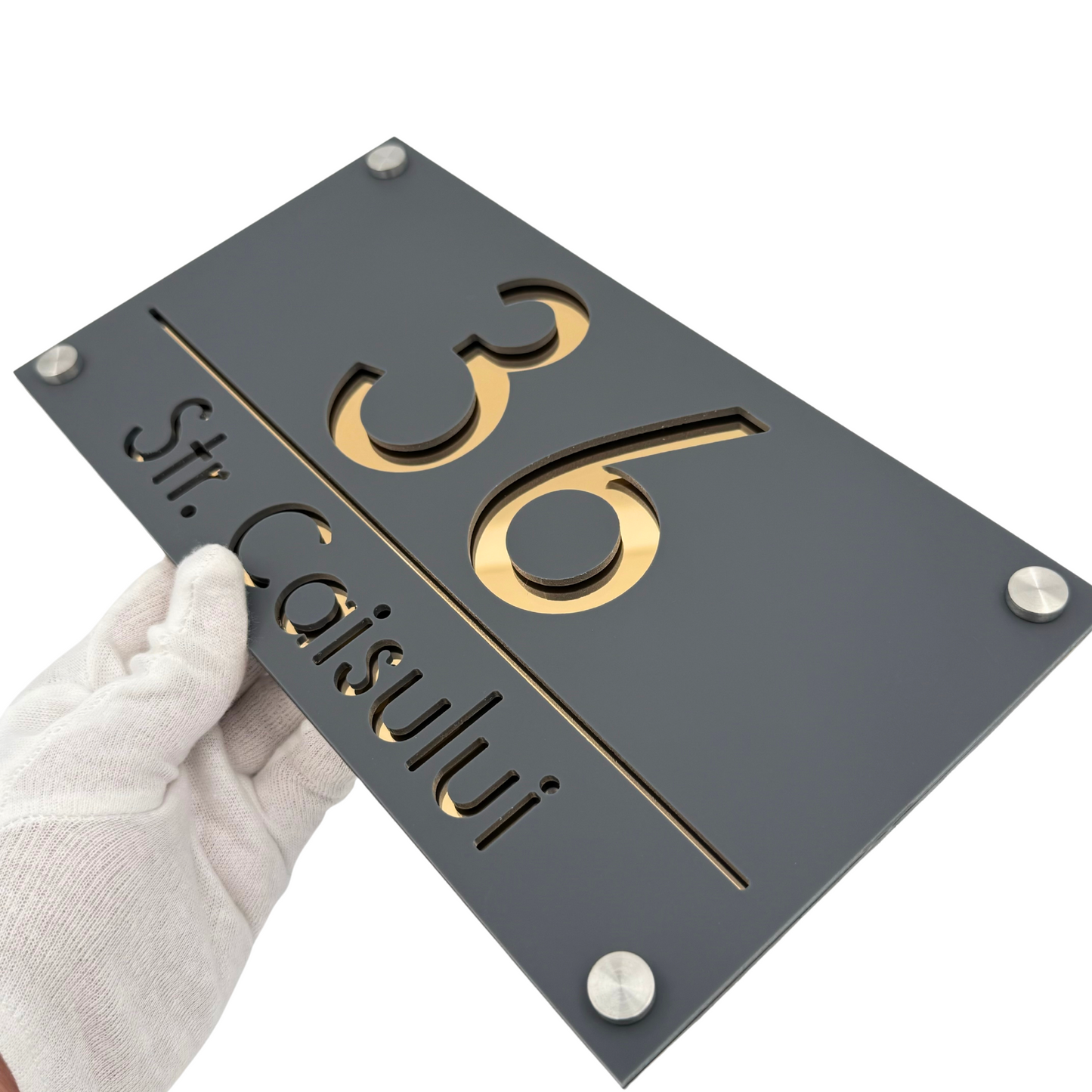 PREMIUM HOUSE NUMBER - Satin Grey Gold Mirror 4 Spacers Silver - 28×15 cm
