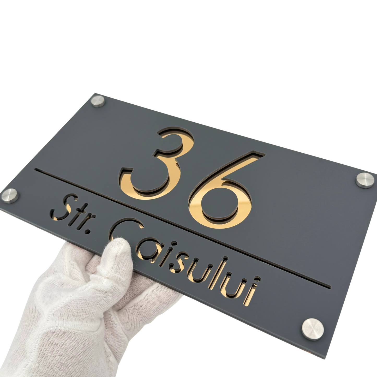 PREMIUM HOUSE NUMBER - Satin Grey Gold Mirror 4 Spacers Silver - 28×15 cm