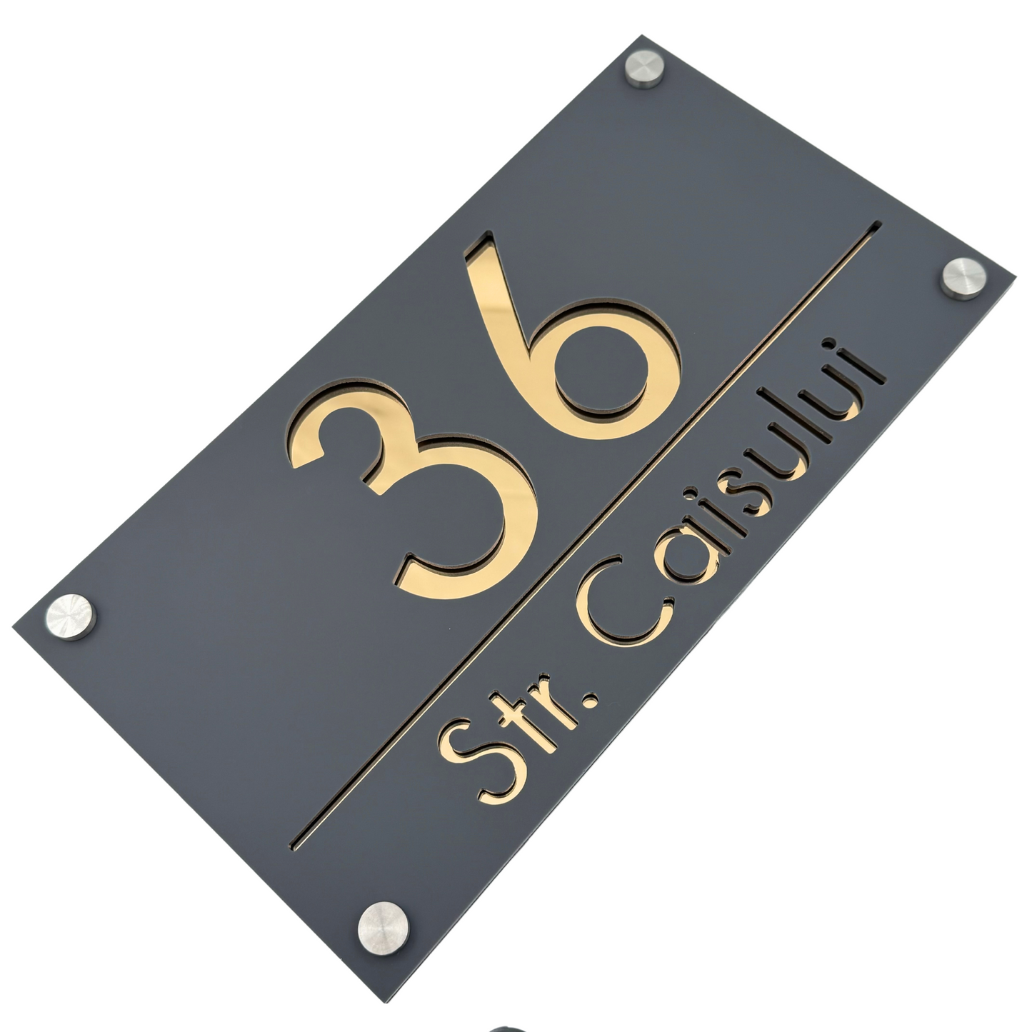 PREMIUM HOUSE NUMBER - Satin Grey Gold Mirror 4 Spacers Silver - 28×15 cm