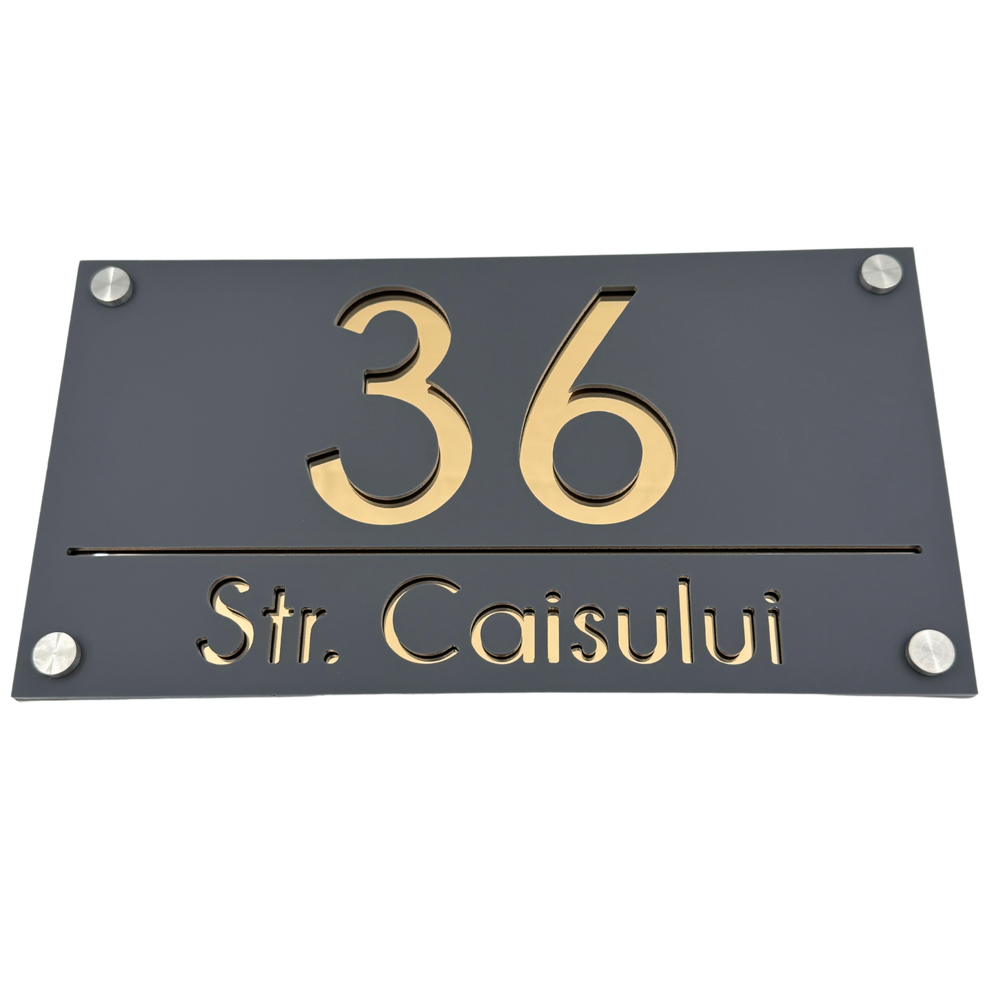 PREMIUM HOUSE NUMBER - Satin Grey Gold Mirror 4 Spacers Silver - 28×15 cm