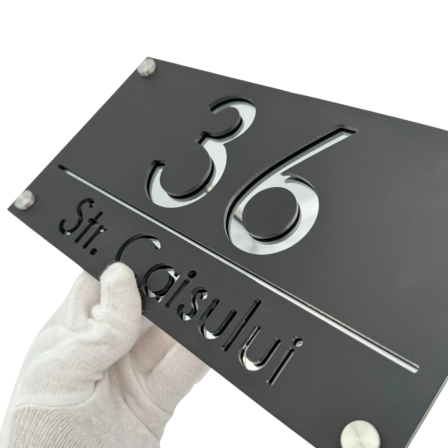 PREMIUM HOUSE NUMBER - Satin Black Silver Mirror 4 Spacers Silver - 28×15 cm