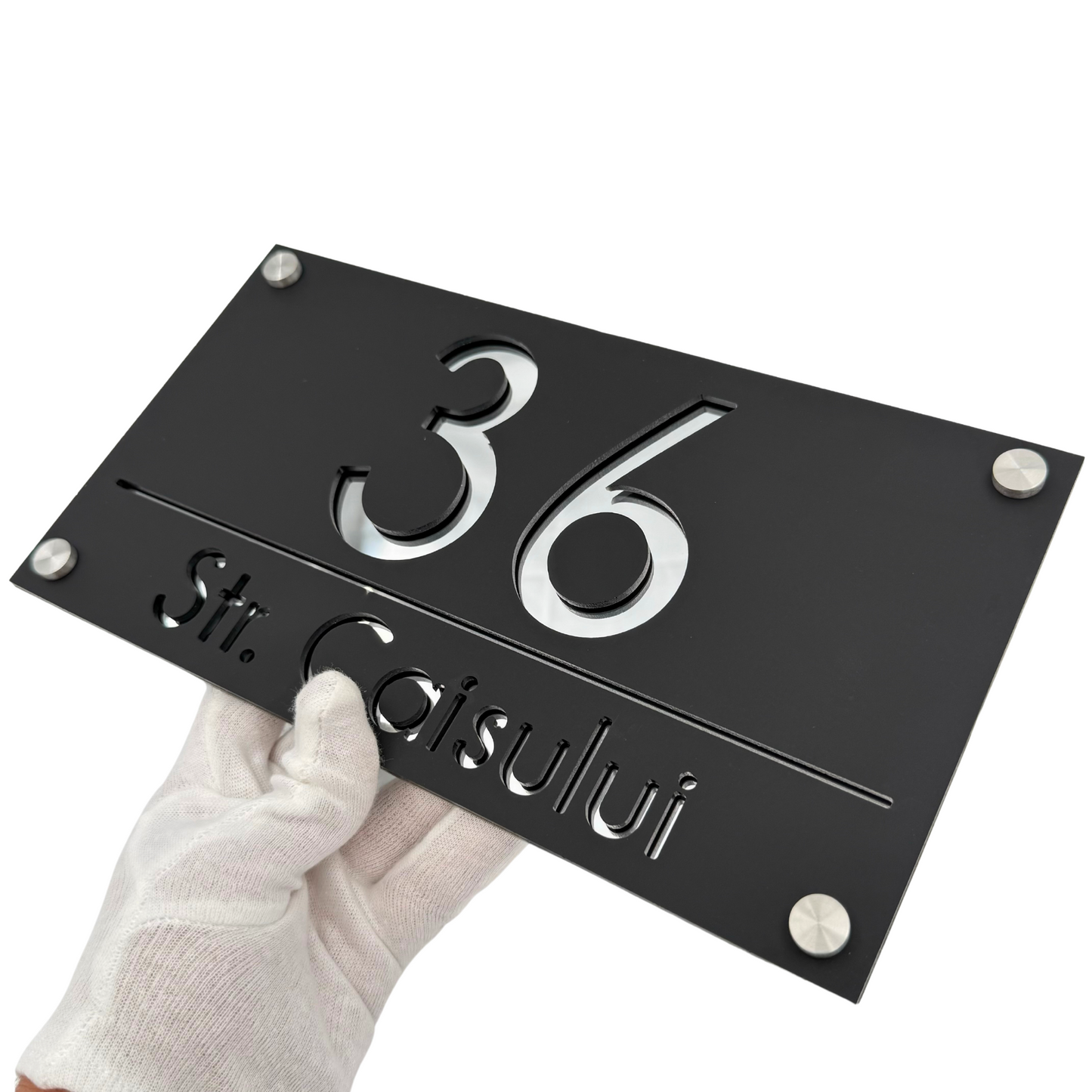 PREMIUM HOUSE NUMBER - Satin Black Silver Mirror 4 Spacers Silver - 28×15 cm