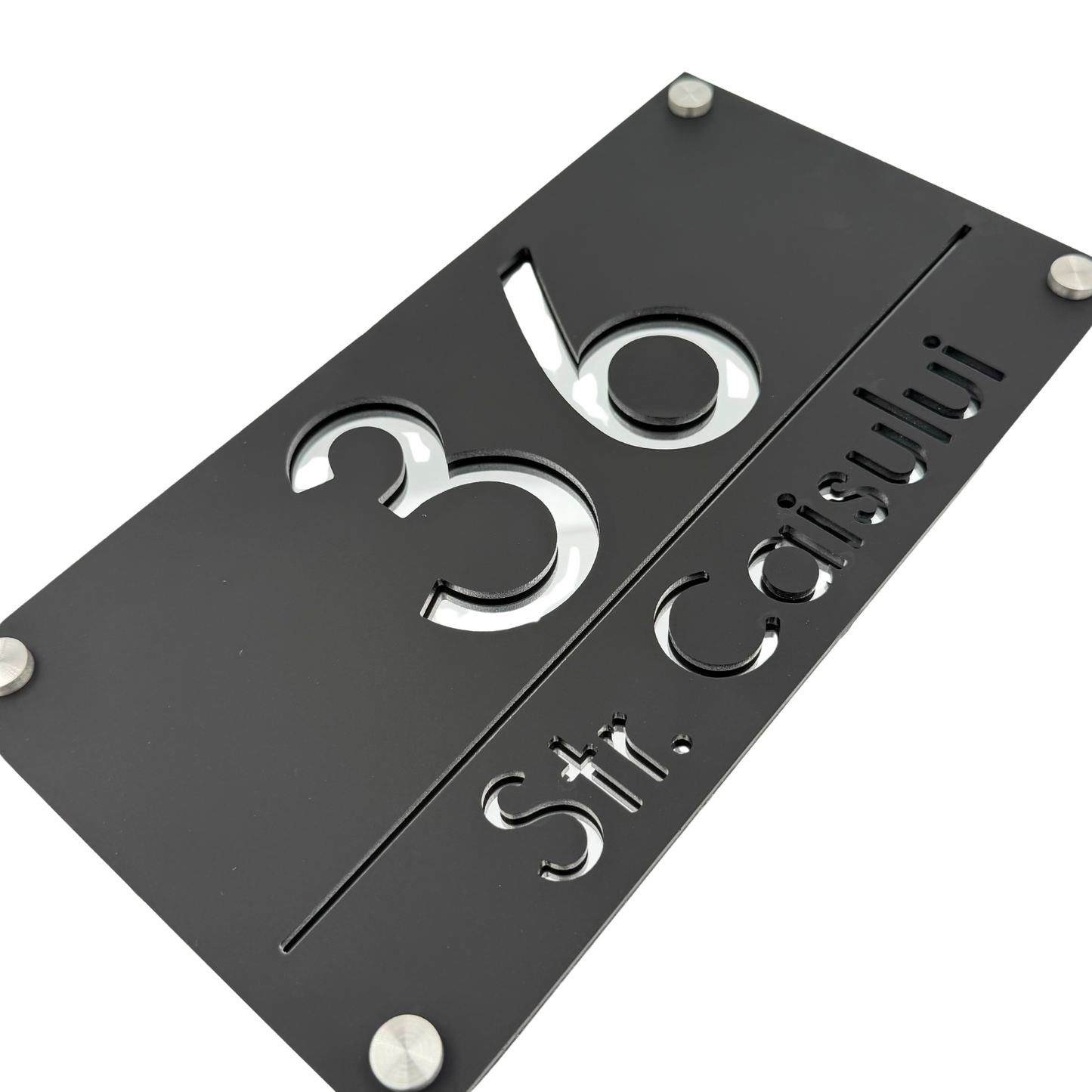 PREMIUM HOUSE NUMBER - Satin Black Silver Mirror 4 Spacers Silver - 28×15 cm
