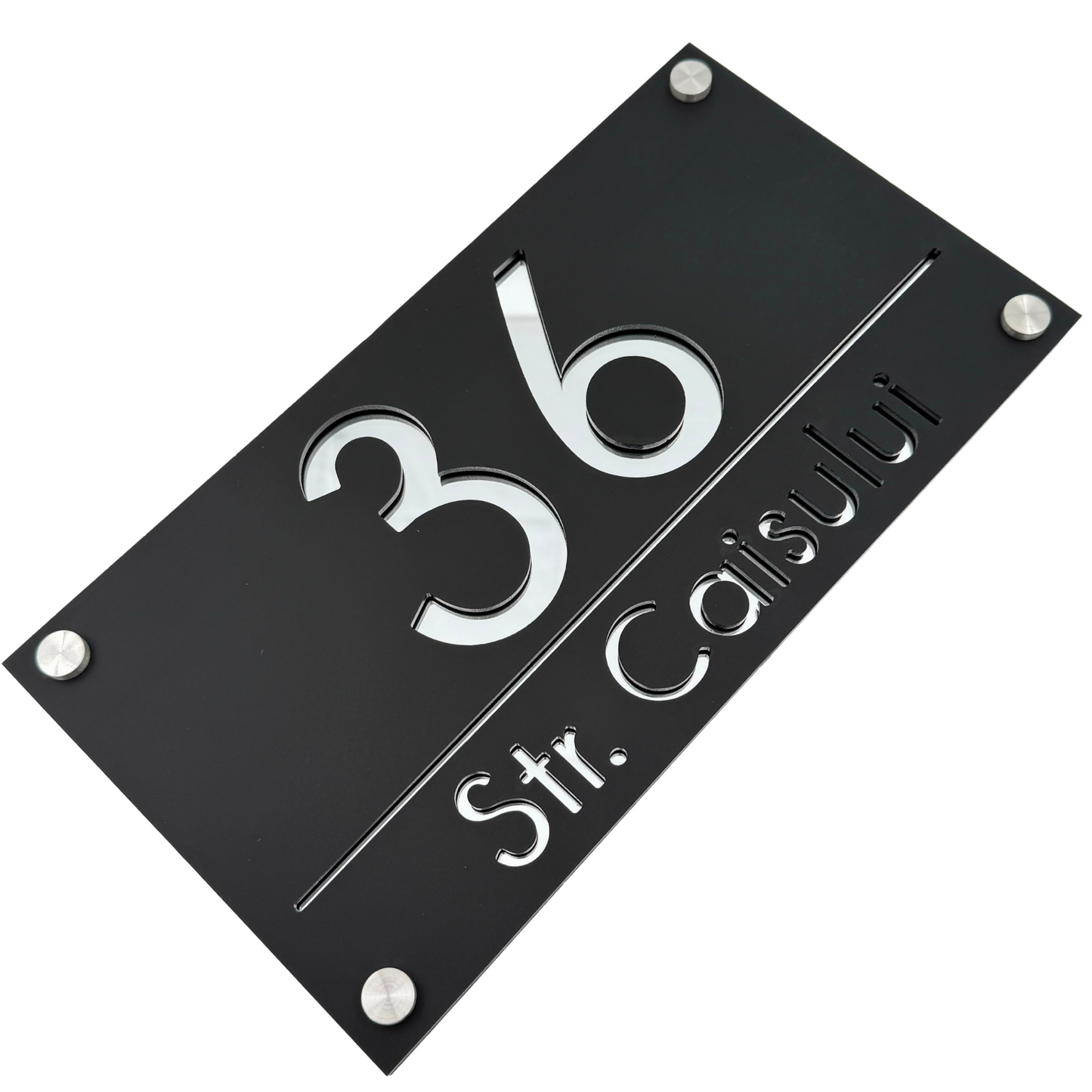 PREMIUM HOUSE NUMBER - Satin Black Silver Mirror 4 Spacers Silver - 28×15 cm