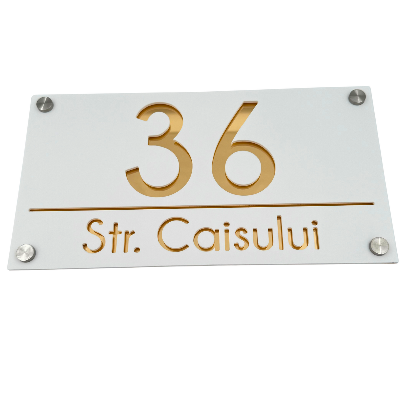 PREMIUM HOUSE NUMBER - White Satin Gold Mirror 4 Spacers Silver - 28×15 cm
