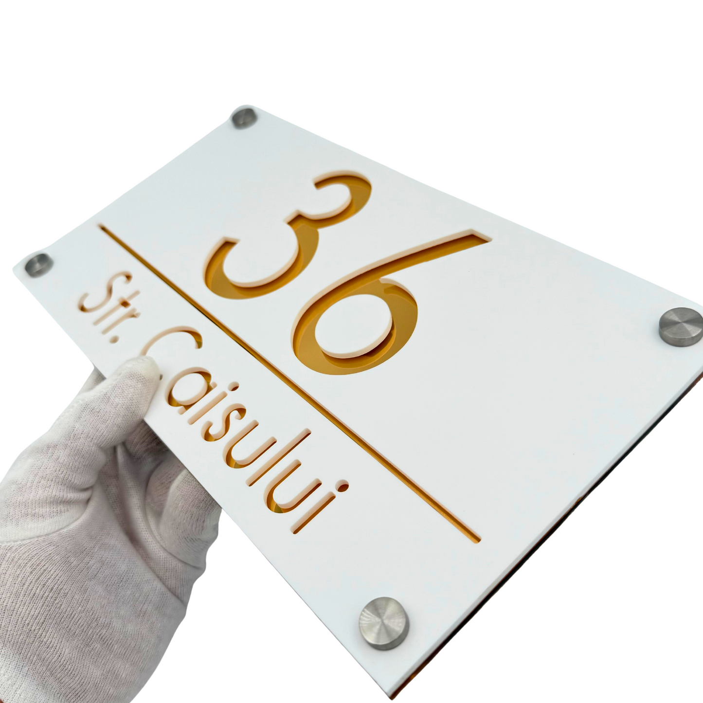PREMIUM HOUSE NUMBER - White Satin Gold Mirror 4 Spacers Silver - 28×15 cm