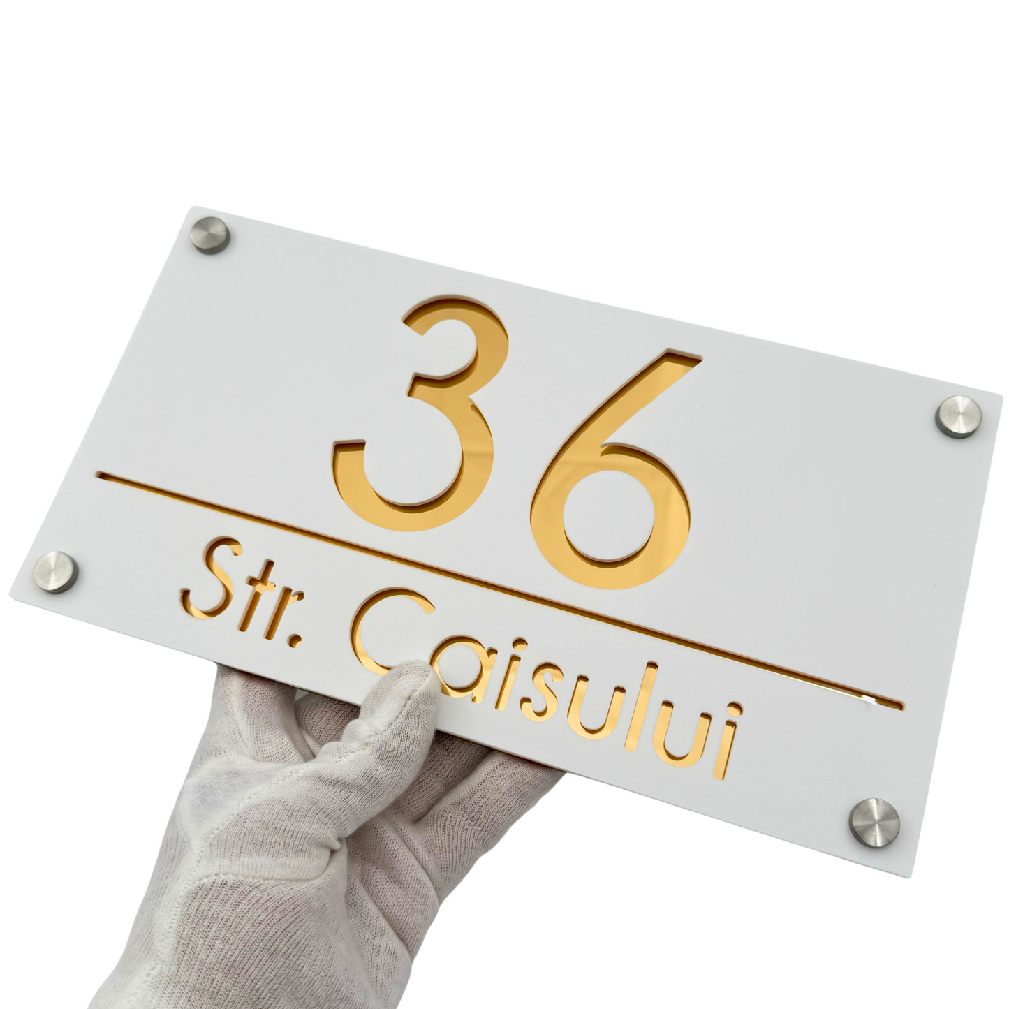 PREMIUM HOUSE NUMBER - White Satin Gold Mirror 4 Spacers Silver - 28×15 cm