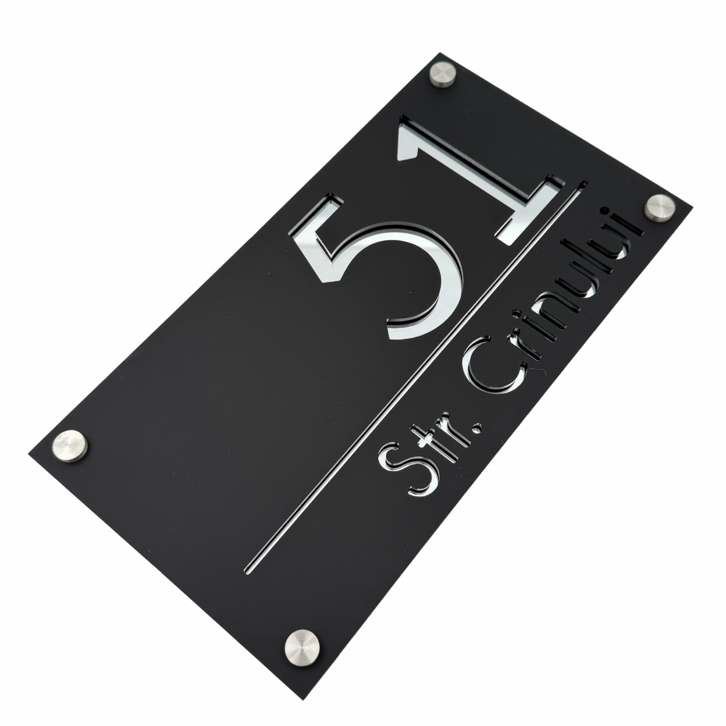 PREMIUM HOUSE NUMBER - Satin Black Silver Mirror 4 Spacers Silver - 28×15 cm