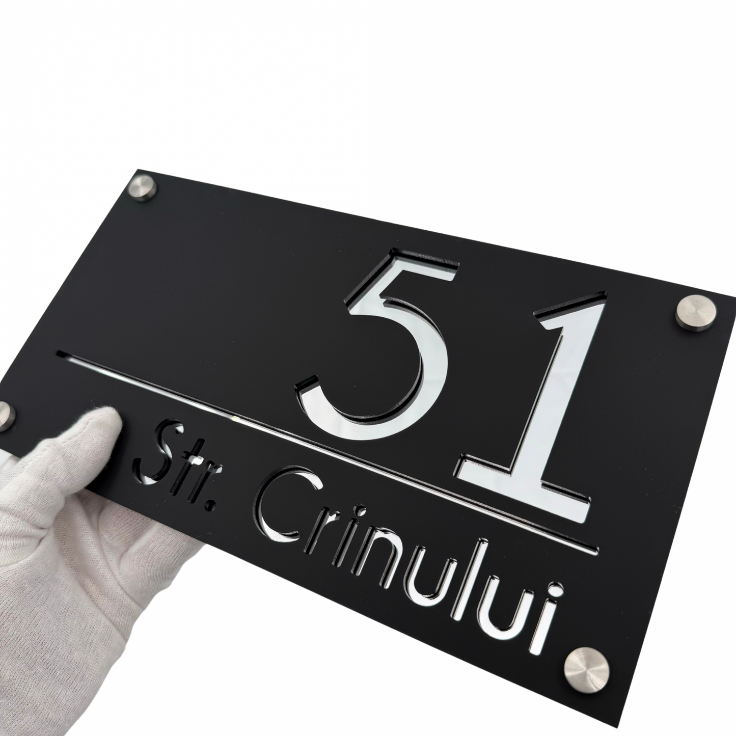PREMIUM HOUSE NUMBER - Satin Black Silver Mirror 4 Spacers Silver - 28×15 cm