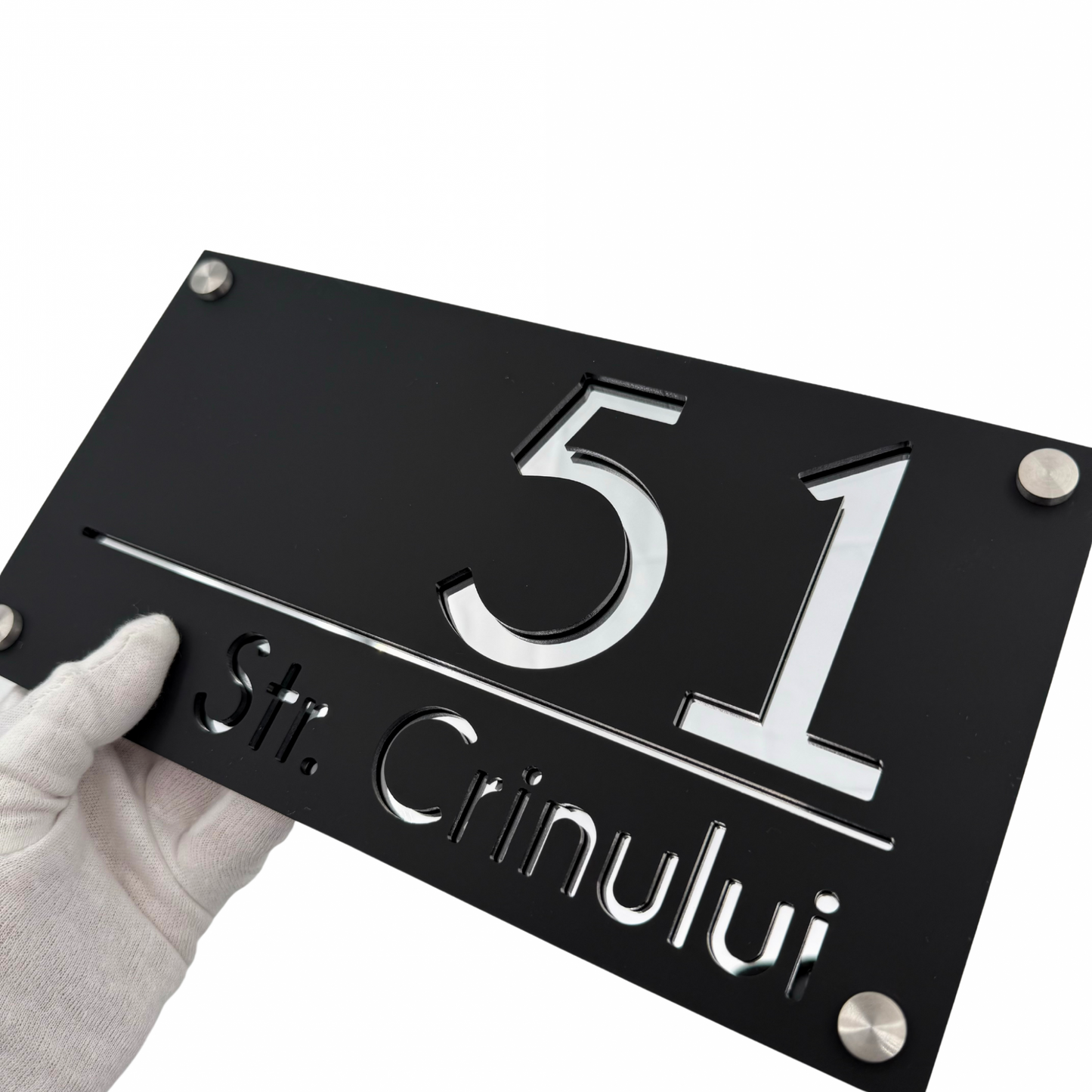 PREMIUM HOUSE NUMBER - Satin Black Silver Mirror 4 Spacers Silver - 28×15 cm