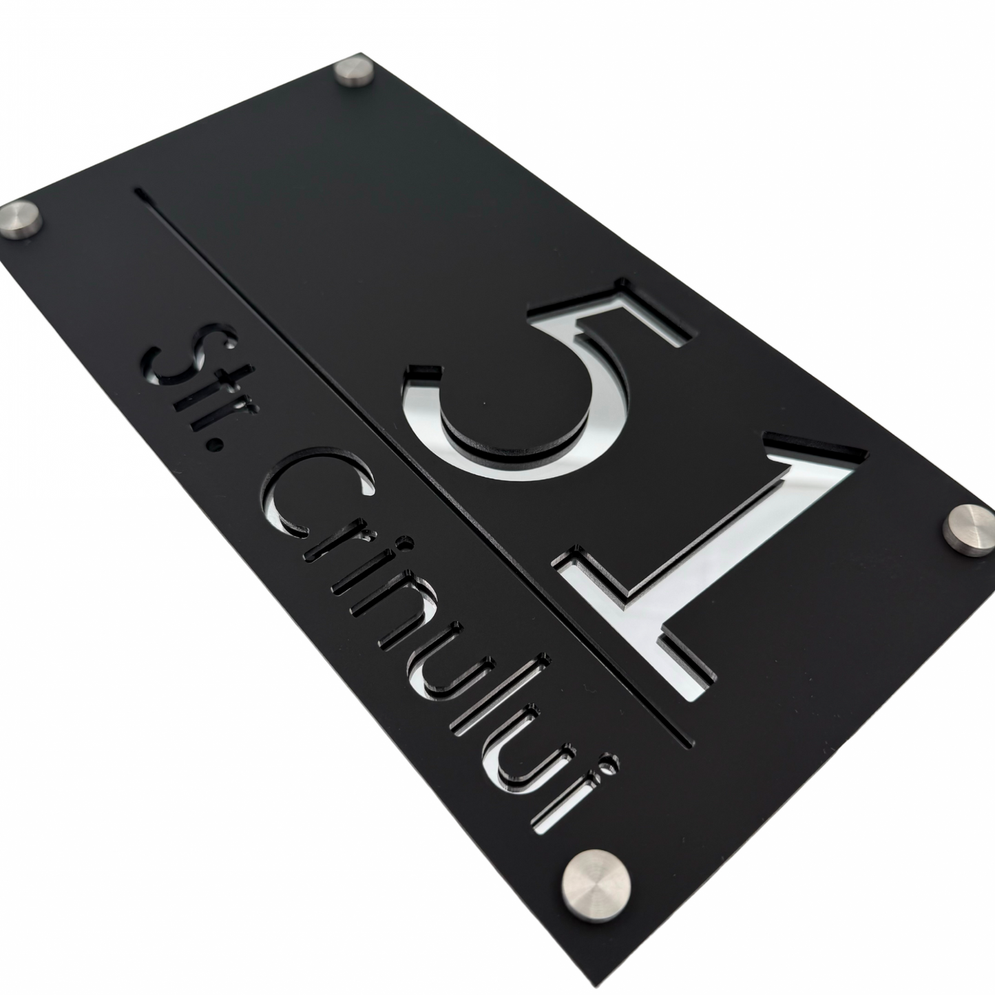 PREMIUM HOUSE NUMBER - Satin Black Silver Mirror 4 Spacers Silver - 28×15 cm