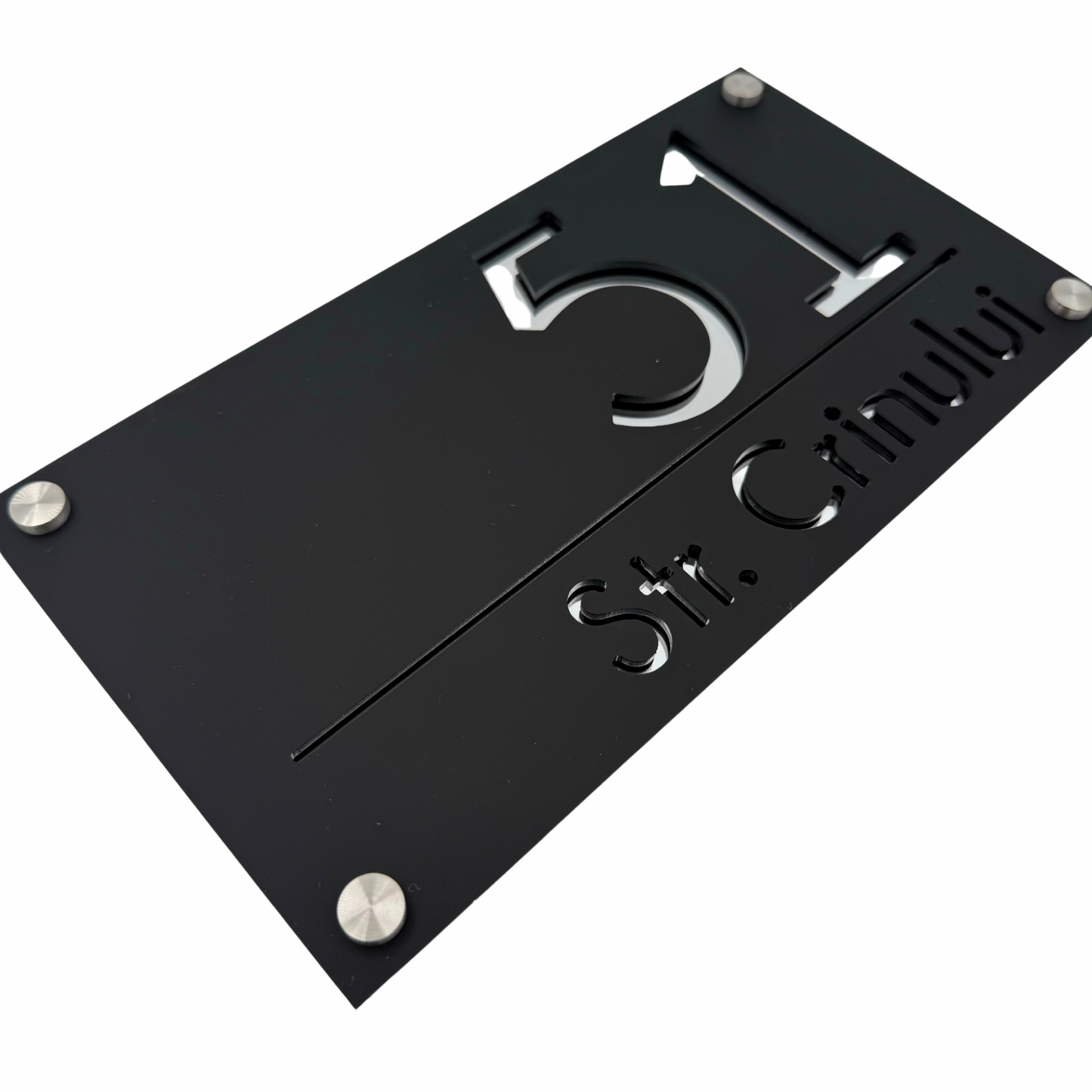 PREMIUM HOUSE NUMBER - Satin Black Silver Mirror 4 Spacers Silver - 28×15 cm
