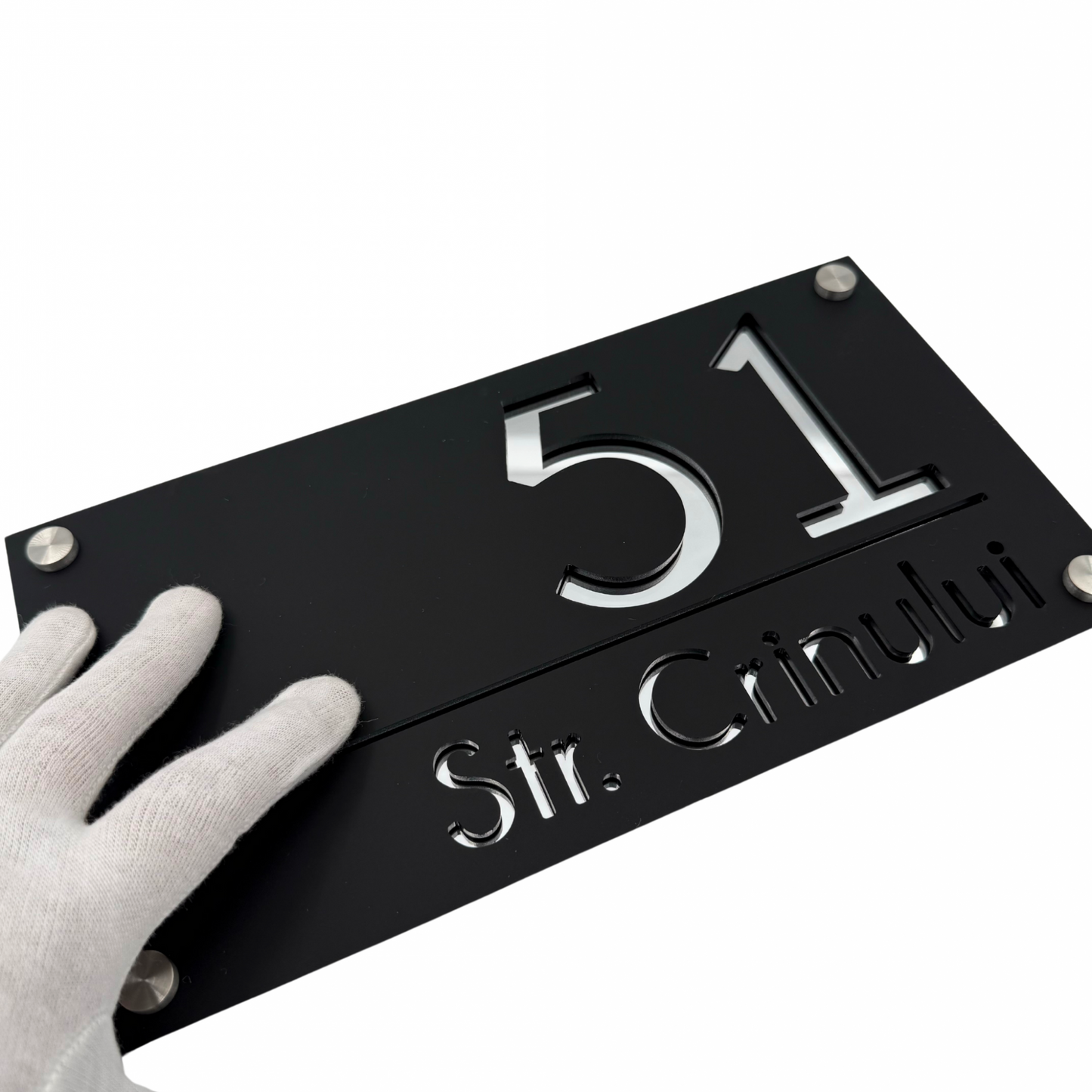 PREMIUM HOUSE NUMBER - Satin Black Silver Mirror 4 Spacers Silver - 28×15 cm