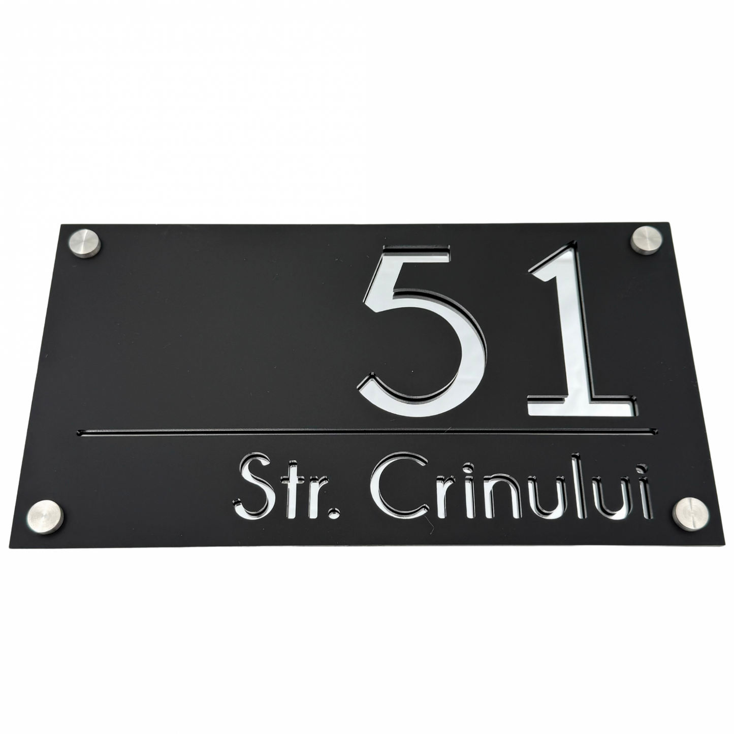 PREMIUM HOUSE NUMBER - Satin Black Silver Mirror 4 Spacers Silver - 28×15 cm