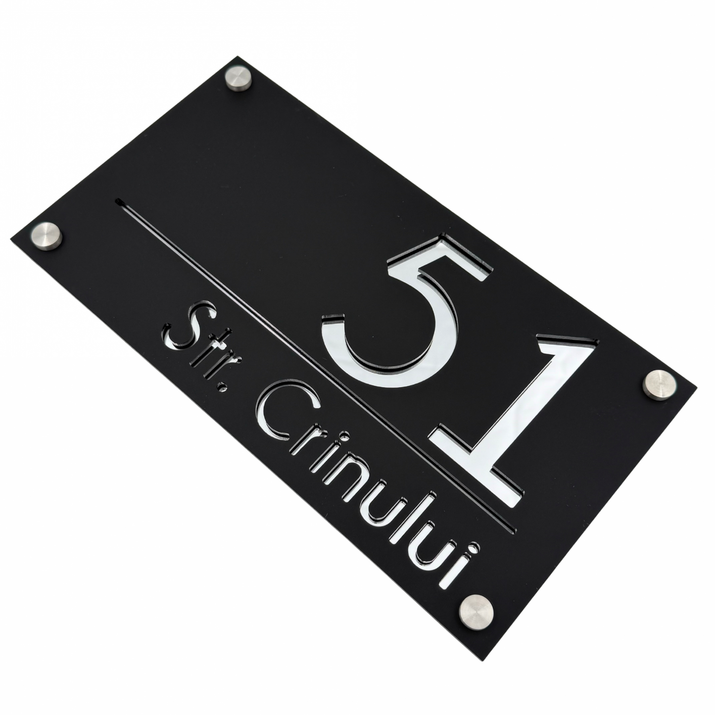 PREMIUM HOUSE NUMBER - Satin Black Silver Mirror 4 Spacers Silver - 28×15 cm