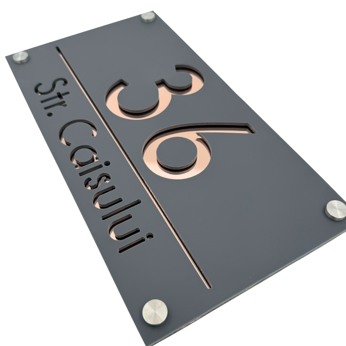 PREMIUM HOUSE NUMBER - Satin Grey Rose Gold Mirror 4 Spacers Silver - 28×15 cm