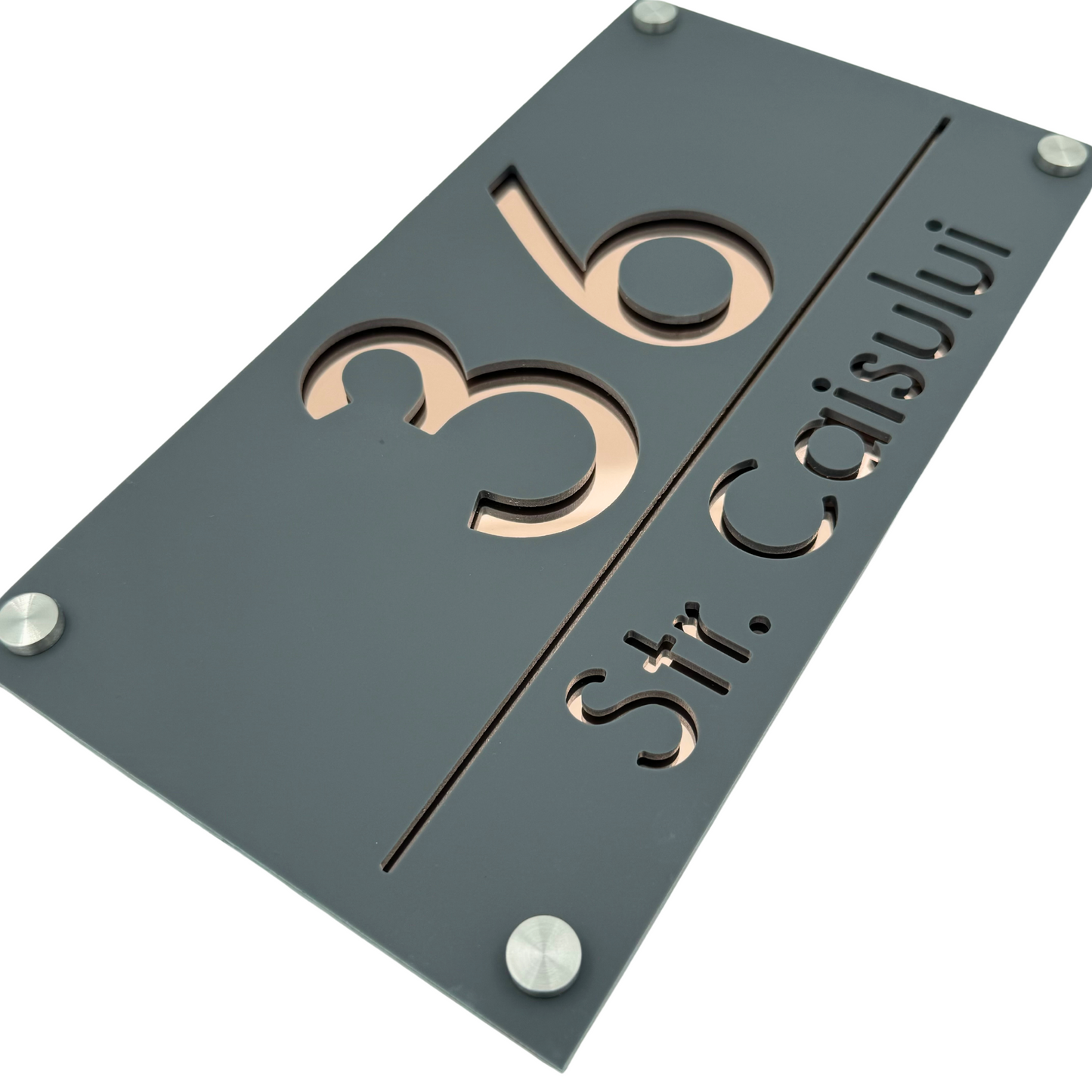 PREMIUM HOUSE NUMBER - Satin Grey Rose Gold Mirror 4 Spacers Silver - 28×15 cm