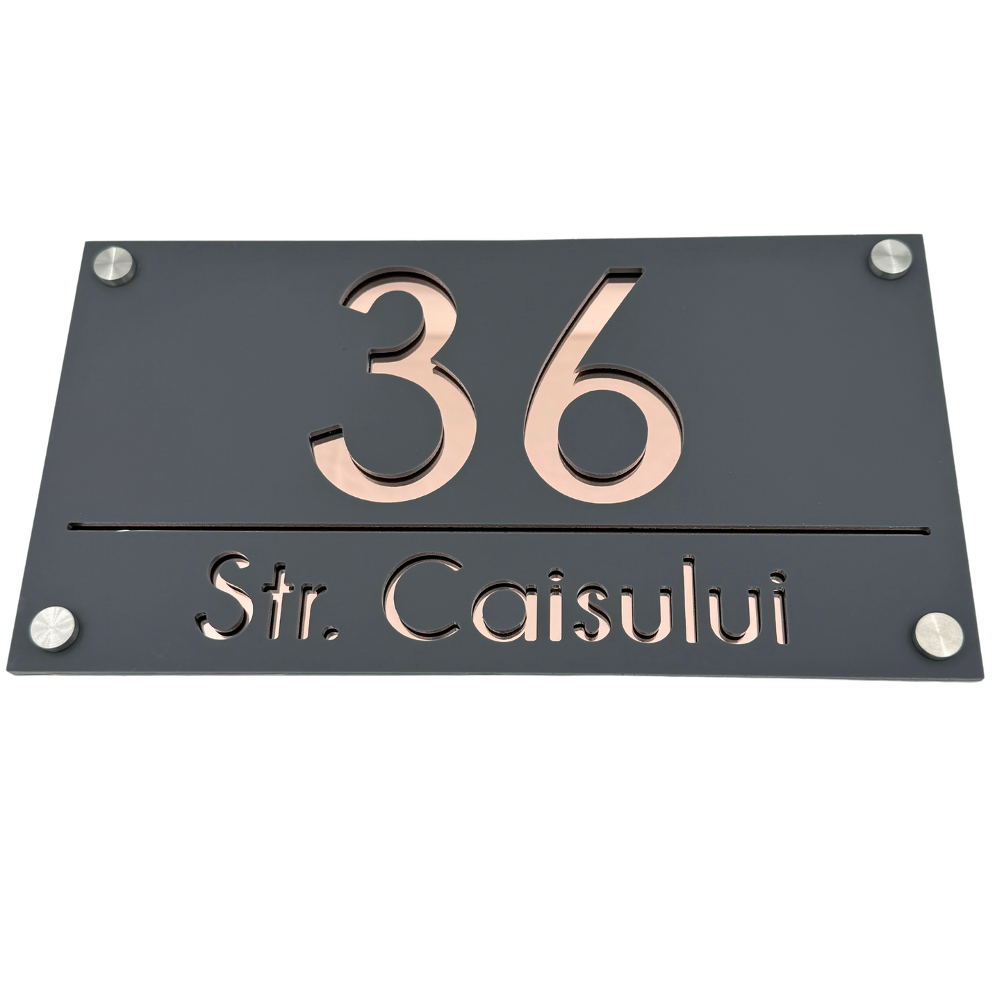 PREMIUM HOUSE NUMBER - Satin Grey Rose Gold Mirror 4 Spacers Silver - 28×15 cm
