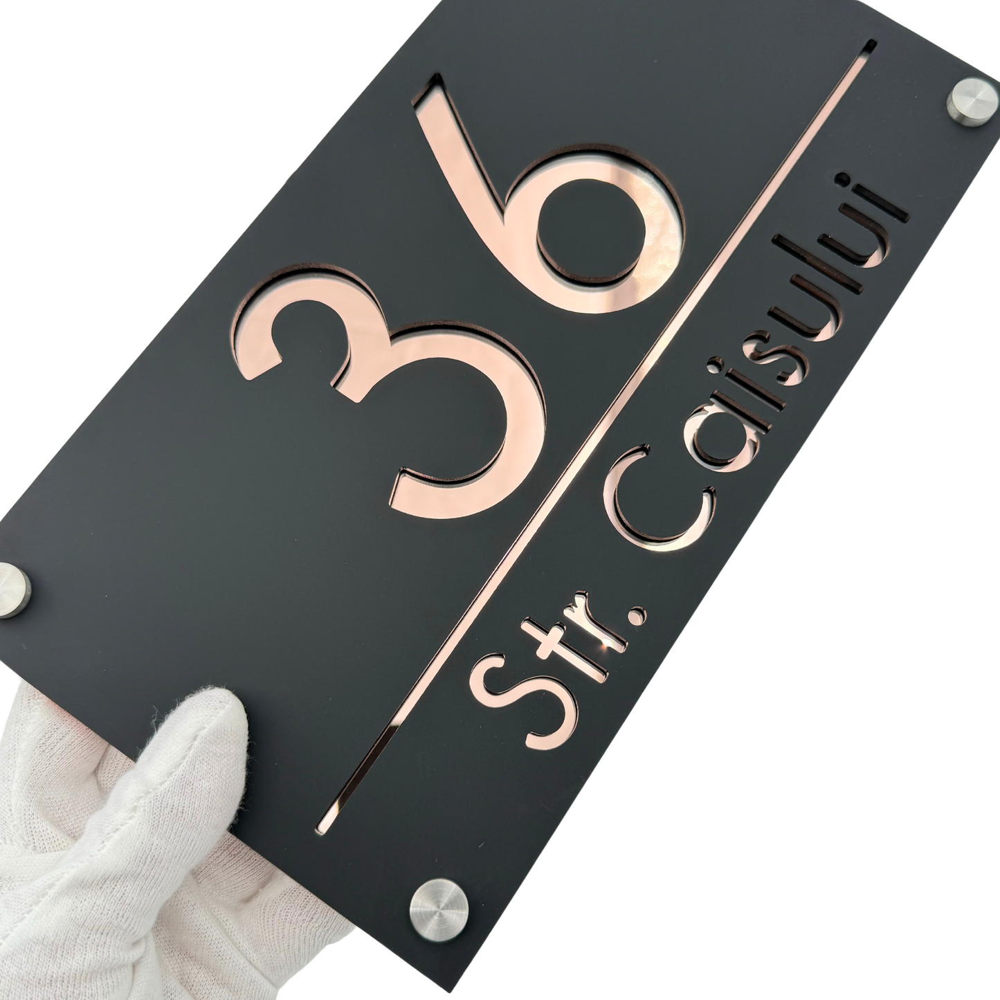 PREMIUM HOUSE NUMBER - Satin Black Rose Gold Mirror 4 Spacers Silver - 28×15 cm