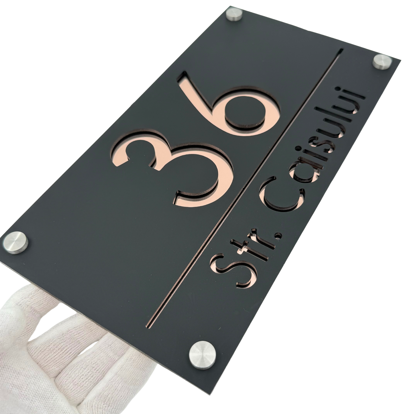 PREMIUM HOUSE NUMBER - Satin Black Rose Gold Mirror 4 Spacers Silver - 28×15 cm