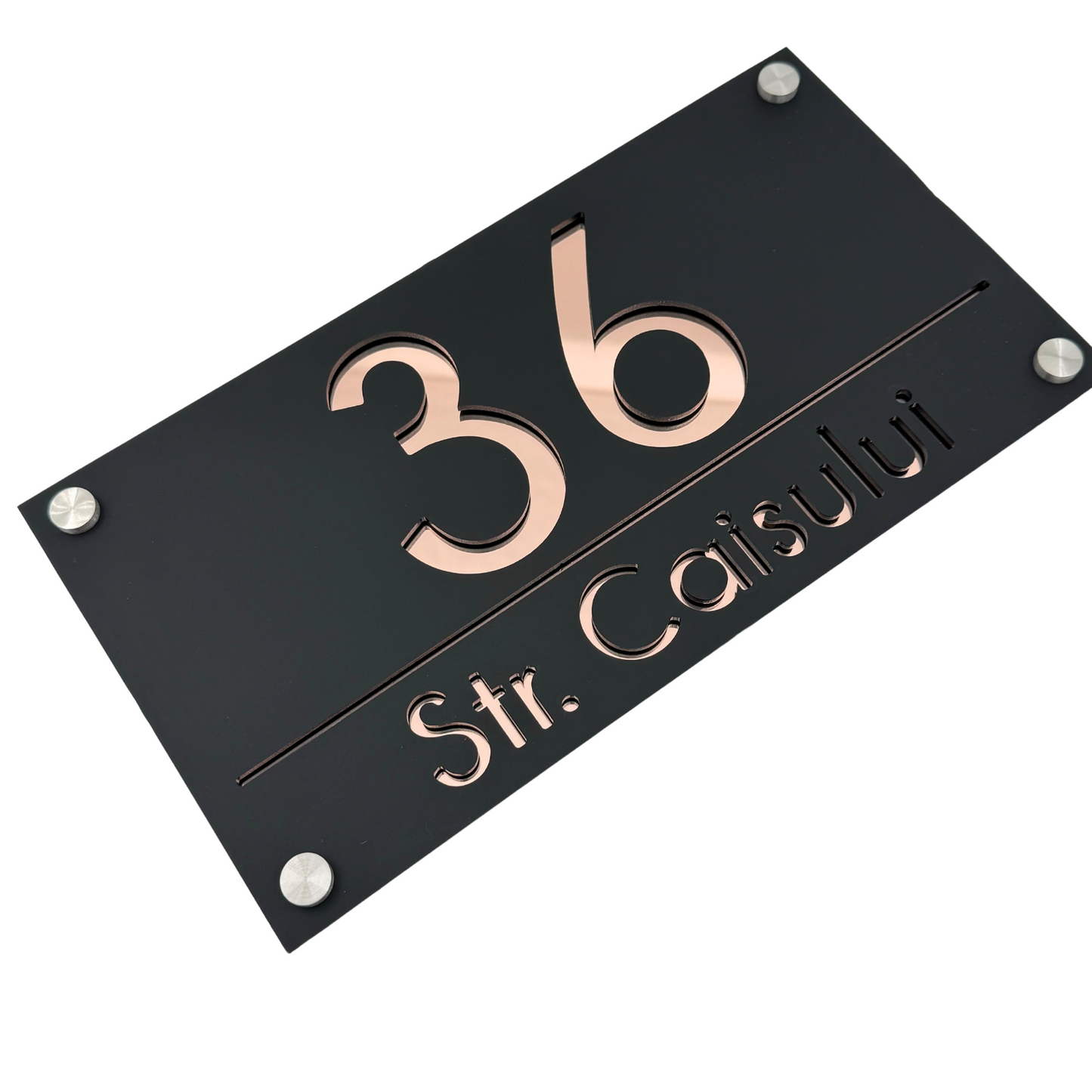 PREMIUM HOUSE NUMBER - Satin Black Rose Gold Mirror 4 Spacers Silver - 28×15 cm