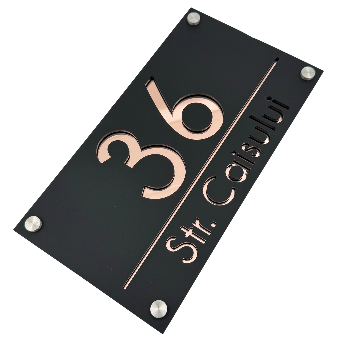 PREMIUM HOUSE NUMBER - Satin Black Rose Gold Mirror 4 Spacers Silver - 28×15 cm