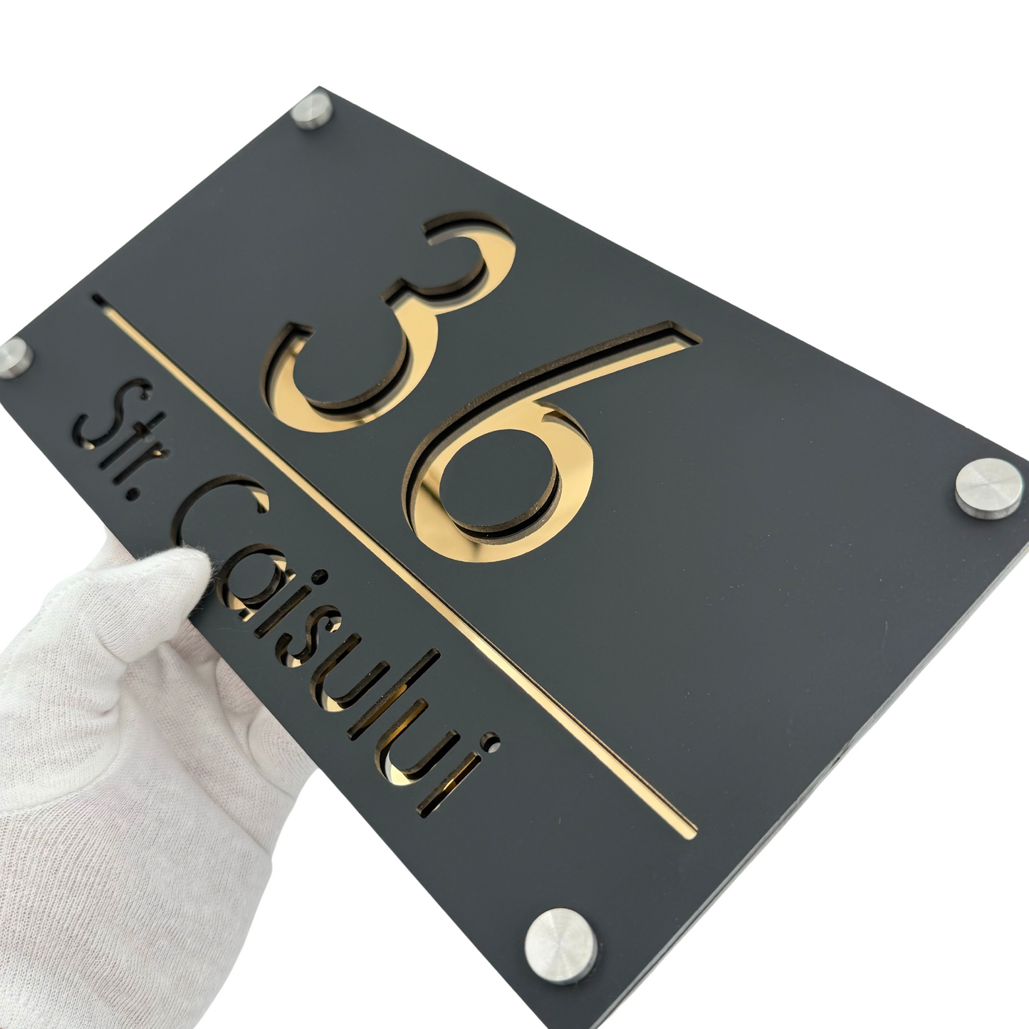 PREMIUM HOUSE NUMBER - Satin Black Gold Mirror 4 Spacers Silver - 28×15 cm