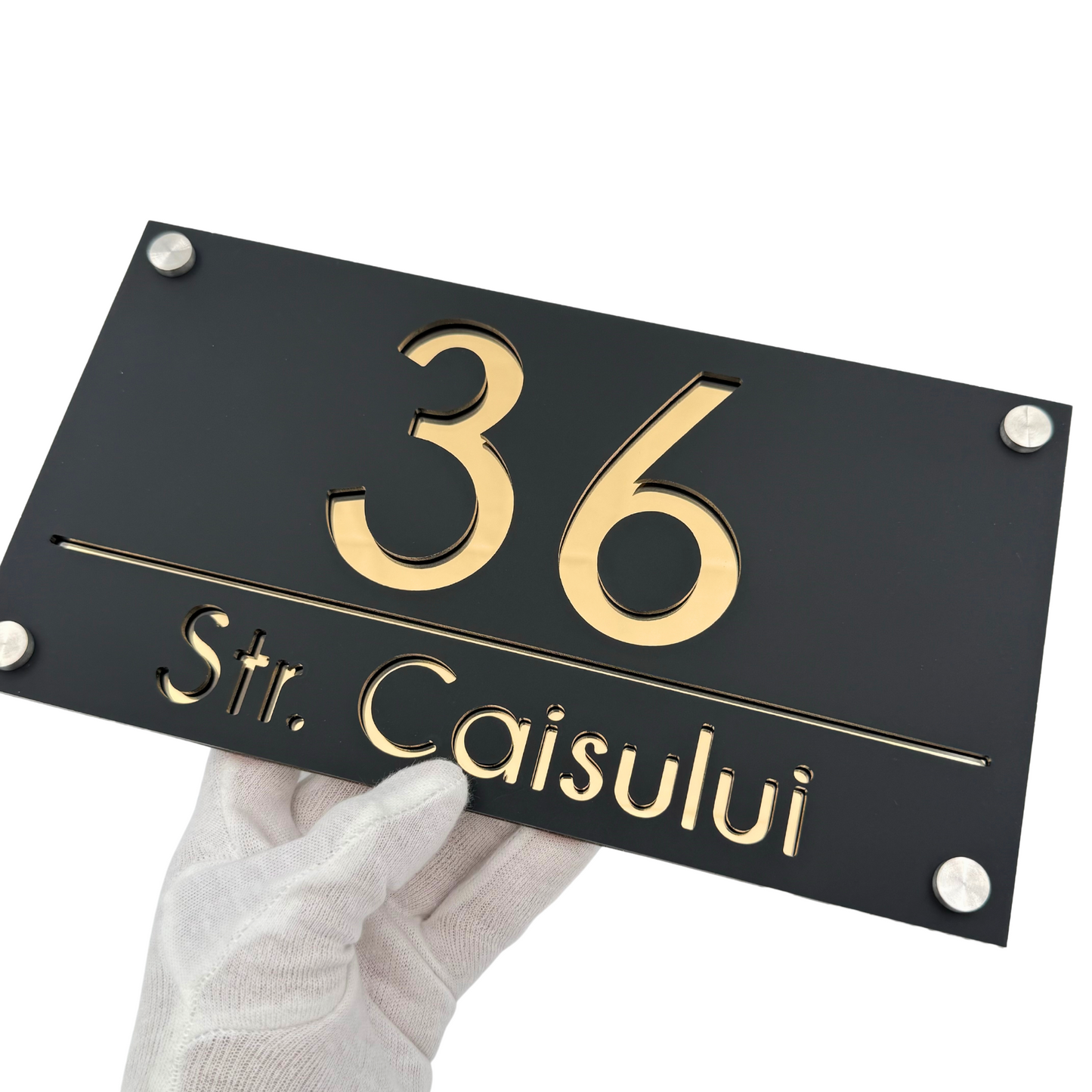 PREMIUM HOUSE NUMBER - Satin Black Gold Mirror 4 Spacers Silver - 28×15 cm